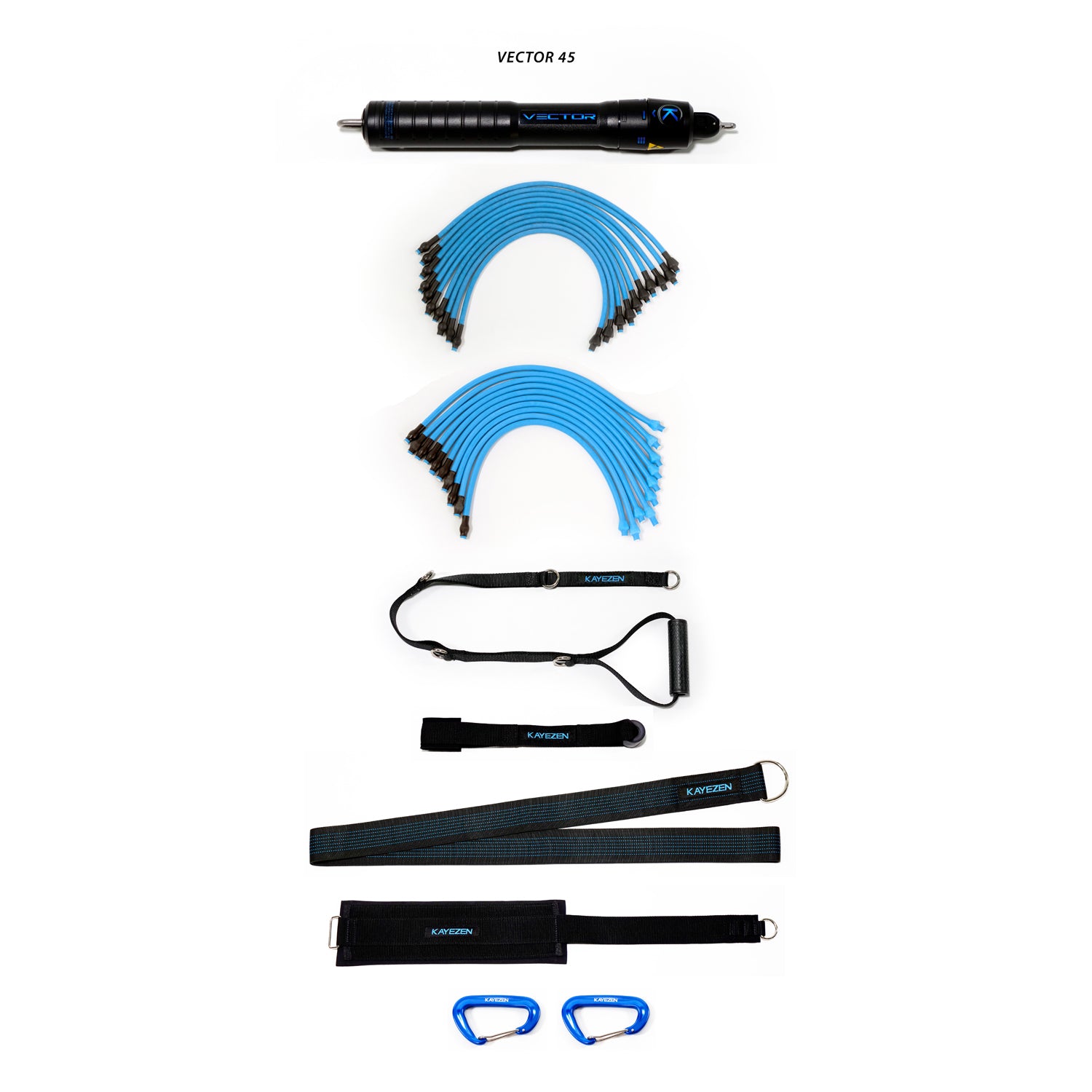 RQX-V45RSSK - Kayezen LLC - VECTOR 45 Resistance System Solo Kit: 1 VECTOR 45 Unit, w/ 10 Lt + 10 Hvy Tubes, 1 Door Anchor, 1 Long Handle, 1 Long Torso Strap, 1 Thigh Strap, 2 Carabiners, Free Kayezen VECTOR Exercise APP (Cannot be sold through any site