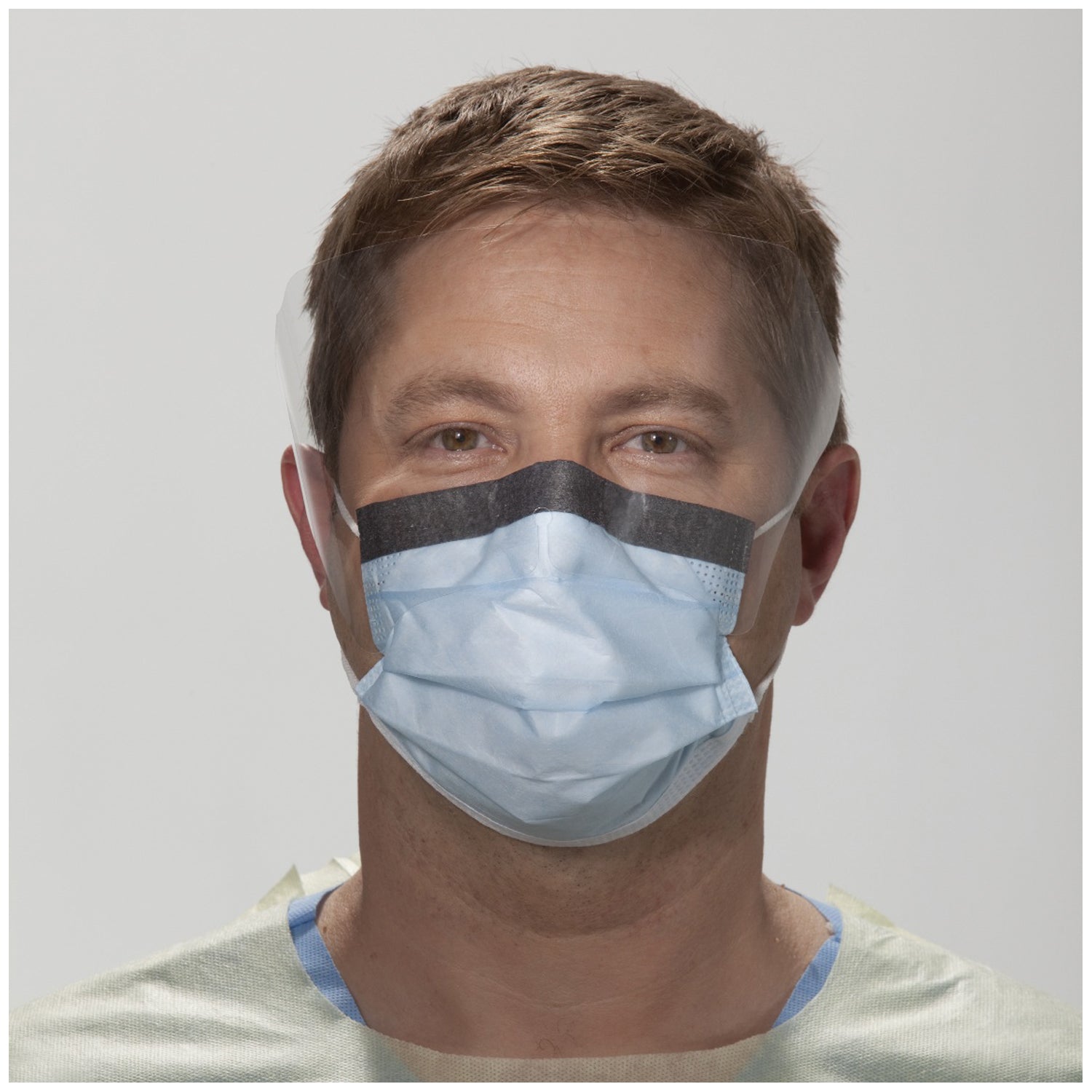 00146 - O&amp;M Halyard - Mascarilla de procedimiento antivaho Fluidshield® con presillas para las orejas, visera envolvente, azul, 25/paquete, 4 paquetes/caja (60 cajas/plt) (solo EE. UU.), caja