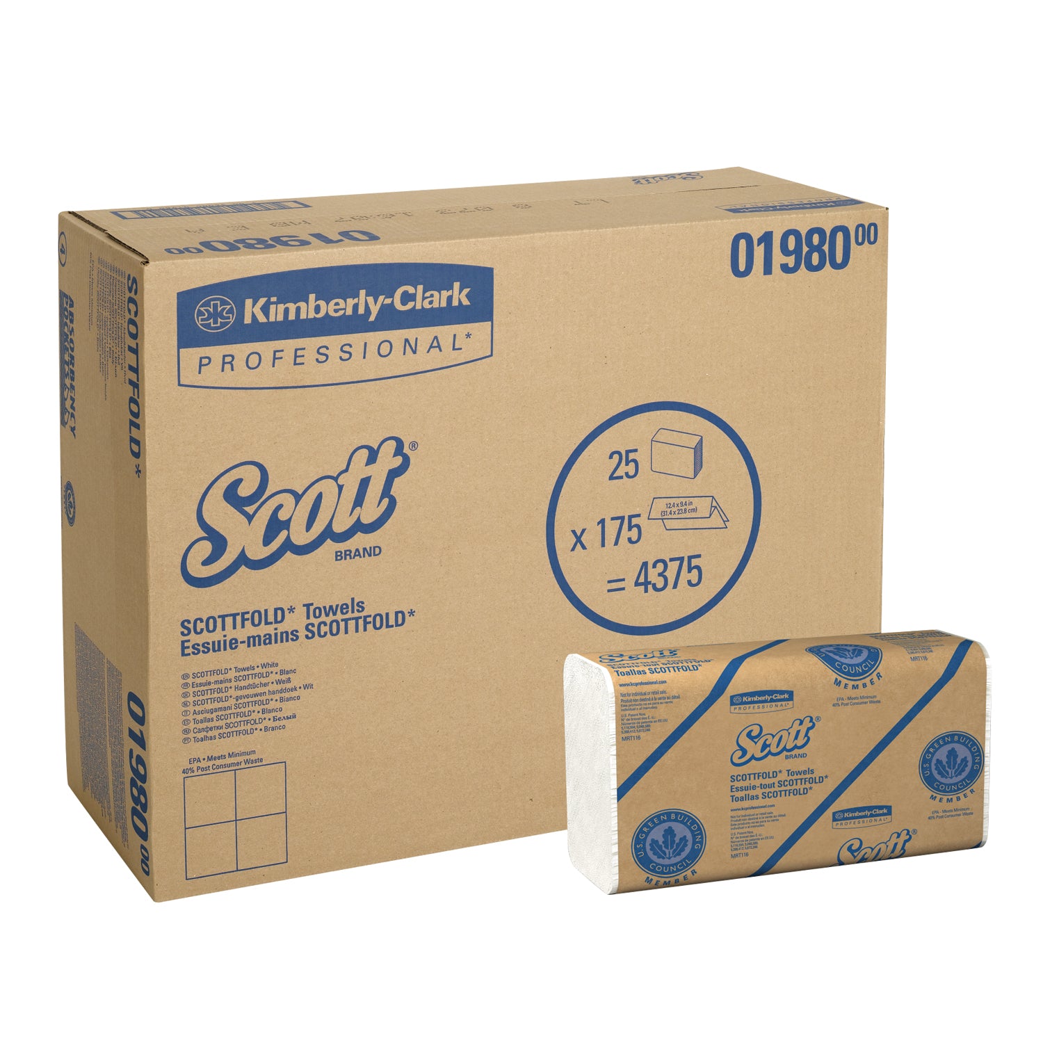 01980 - 金佰利專業用品 - Scott ScottFold 毛巾，單層，175 張/包，25 包/箱（36 箱/托盤）（091450）（本產品不得在 Amazon.com 或任何其他第三方網站上銷售）（僅限美國地區），箱