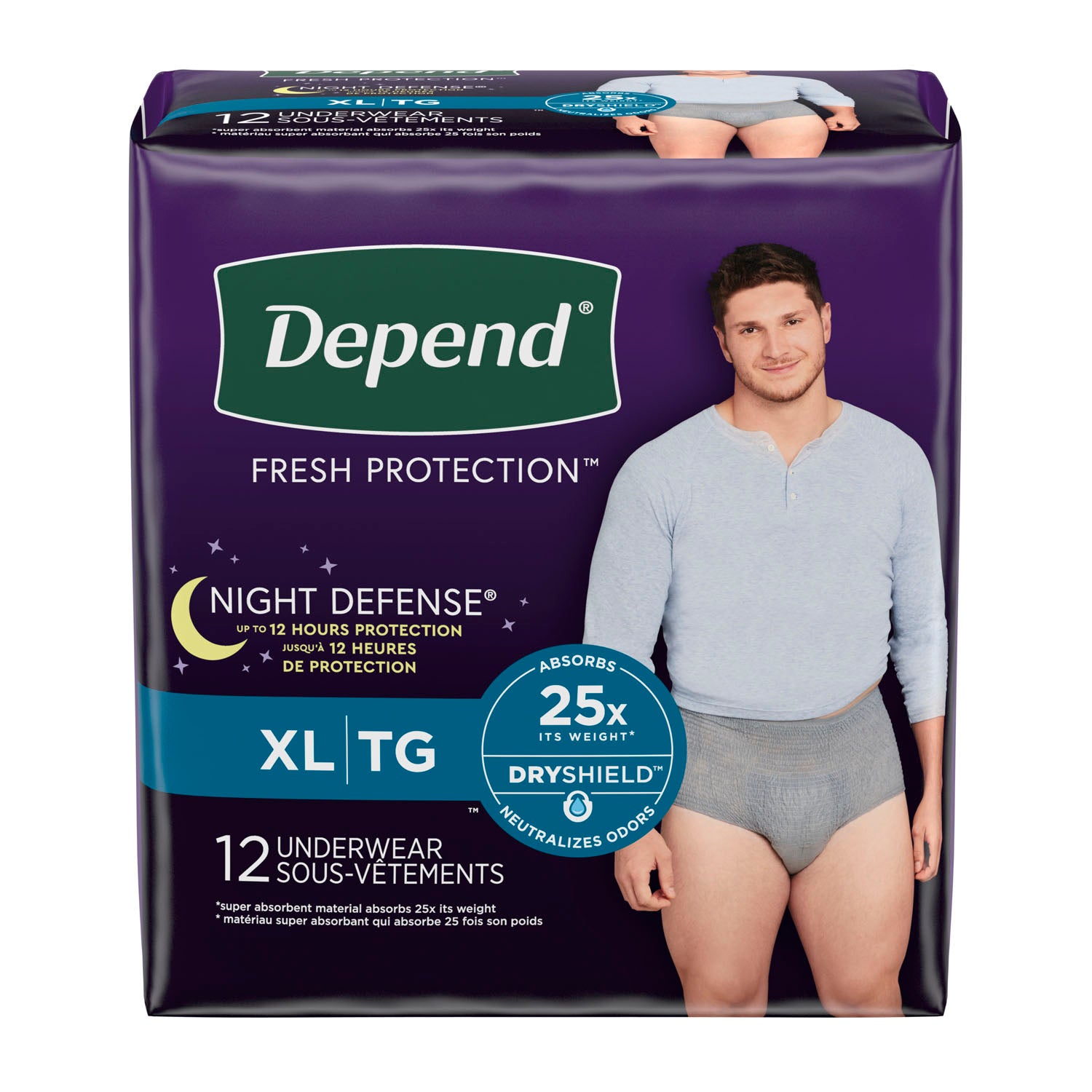 55158 - Kimberly-Clark Consumer - Ropa interior Depend Night Defense Overnite, para hombre, gris, extragrande, paquete de 12, paquete de 4 (solo EE. UU.), caja