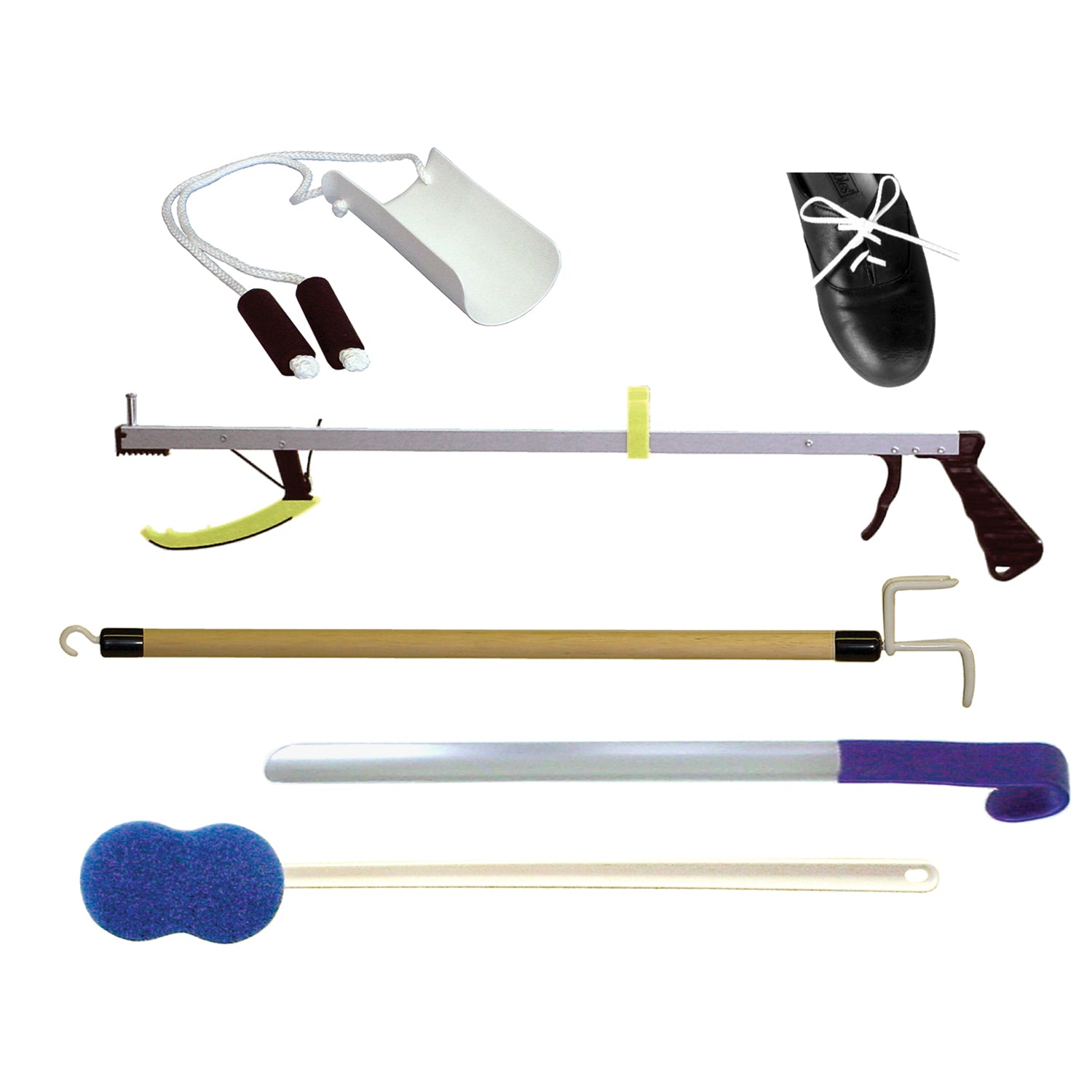 37001 - Kinsman Enterprises, Inc. - 基本髖關節護理套裝包括：27英寸 Ergo Plus 取物器、帶泡沫手柄的襪子輔助器、黑白兩副彈性鞋帶、27英寸穿衣桿、24英寸不銹鋼鞋拔和長柄沐浴海綿（需支付手續費）