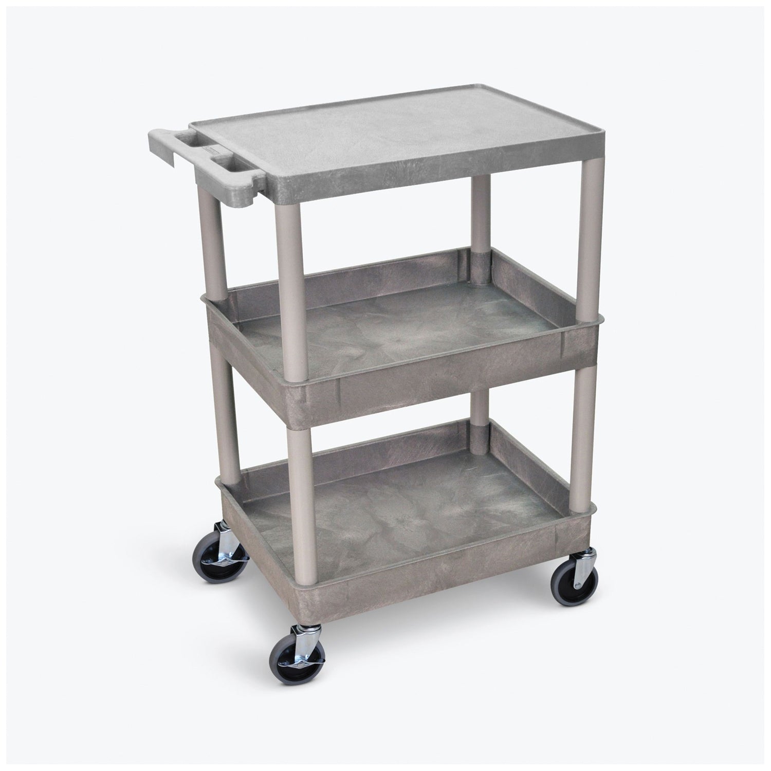 STC211-G - Luxor - Utility Cart, Flat Top, Middle/Bottom Tub Shelves (2.75" Deep each), Gray, 24"W x 18"D x 36.5"H, with (4) 4" Heavy Duty Casters (2 with Locking Brakes), Maximum Weight Capacity 300lbs, Assembly Required (DROP SHIP ONLY)    , ea