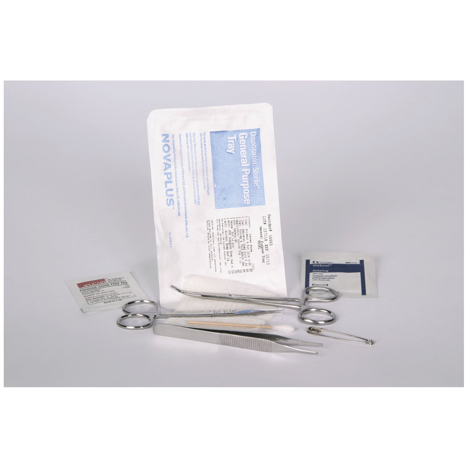 56683 - Medical Action Industries - Kit Includes: Scissor Iris 4¾ with pp (R0648), Safety Pin #3 (S865), Forceps Adson S/S Serr 4.75 (R0773), Applicator 3" (S888), Hemostat Mosq Curved 5 S/S (R0683), PVP Iodophor Prep Pad Med (P10018S), Gauze 3"x3" 12-Pl