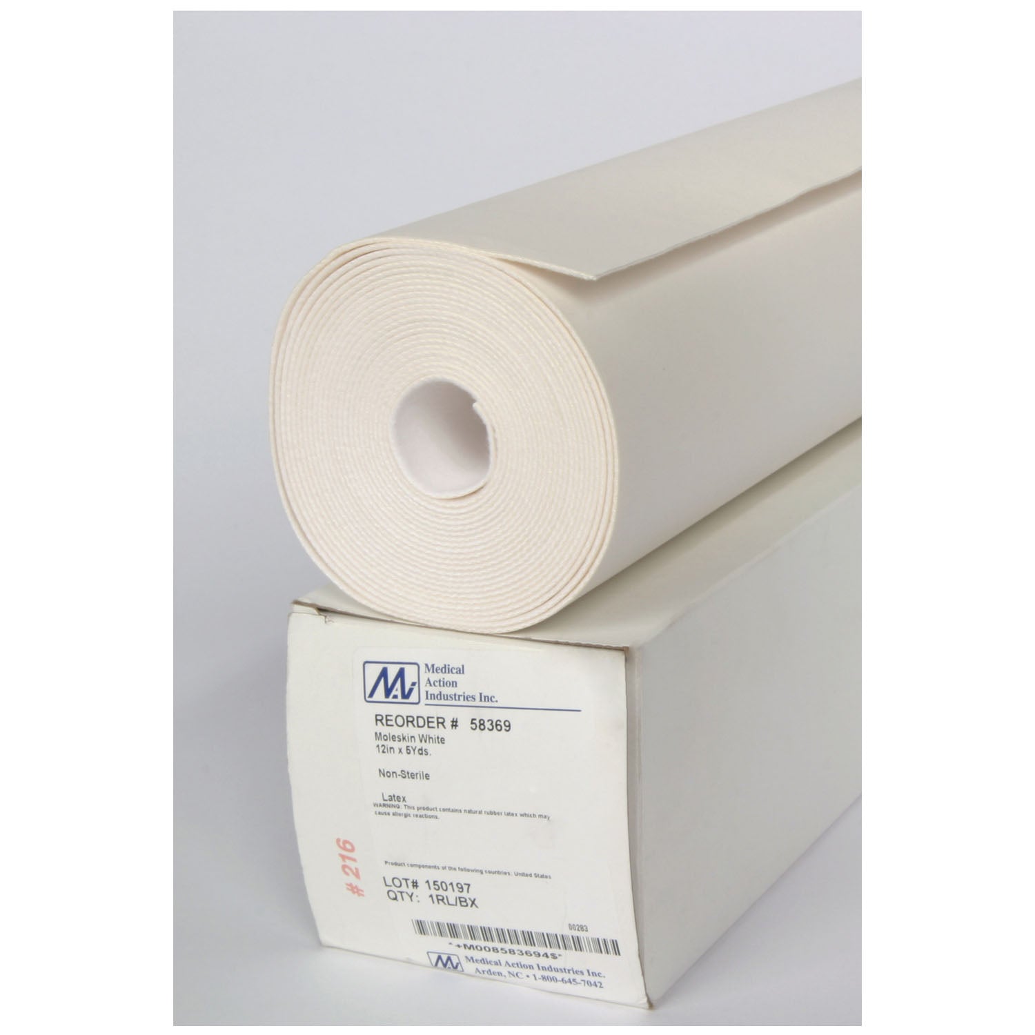 58364 - Medical Action Industries - Moleskin, Beige, 12" x 5 yds, Water Repellent, Adhesive Backed, 1/bx    , bx