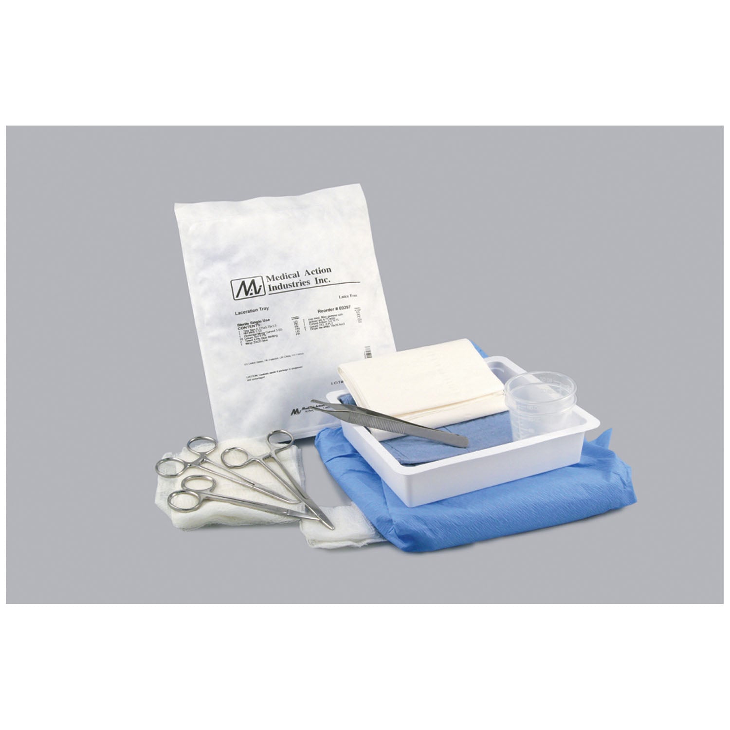 69297 - Medical Action Industries - Gauze, (5) 2"x2" Gauze, (1) Needle Holder, Webster 5", (1) Forceps, Adson 1x2 Teeth 4¾", (1) Hemostat, Mosquito, Curved 5", (1) Scissors (Iris), (2) Med Cup 60cc, 20tr/cs     , cs