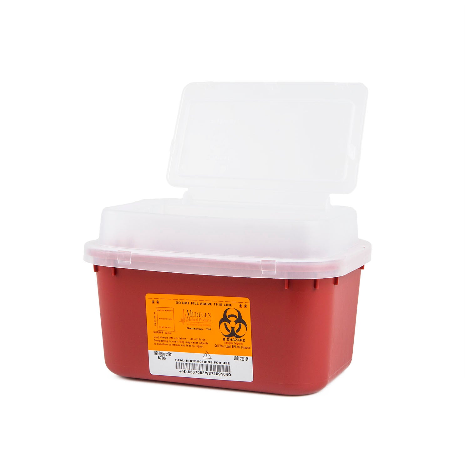 8706 - Medegen Medical Products, LLC - 利器盒，1 加侖紅色，曲折路徑蓋，10 英寸寬 x 7 英寸深 x 6¾ 英寸高，12 個/箱