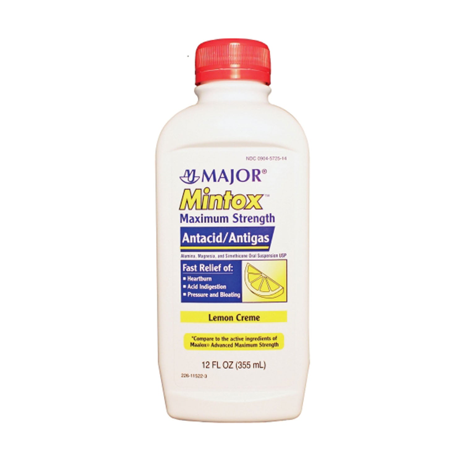 002673 - Major Pharmaceuticals - Mintox, Maximum Strength, 12 oz, Lemon, Compare to Maalox®, 12/cs, NDC# 00904-5725-14 (US Only) (Products cannot be sold to retail stores or online retailers such as Amazon, Walmart, eBay, Alibaba, etc.)    , cs
