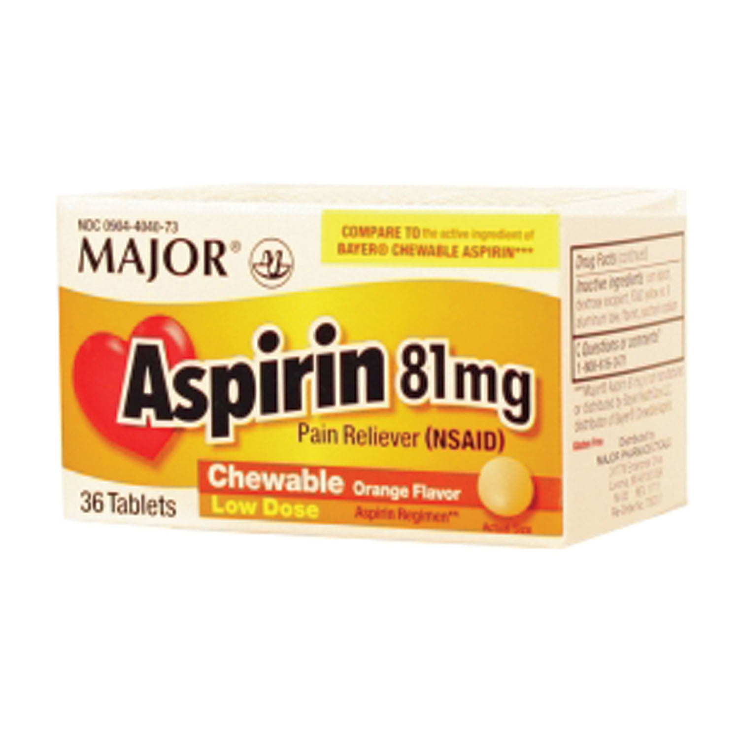 700317 - Major Pharmaceuticals - Aspirin, 81mg, 36s, Chewable Tablets, Compare to St. Joseph®, NDC# 00904-4040-73 (US Only)  (Products cannot be sold to retail stores or online retailers such as Amazon, Walmart, eBay, Alibaba, etc.)    , ea