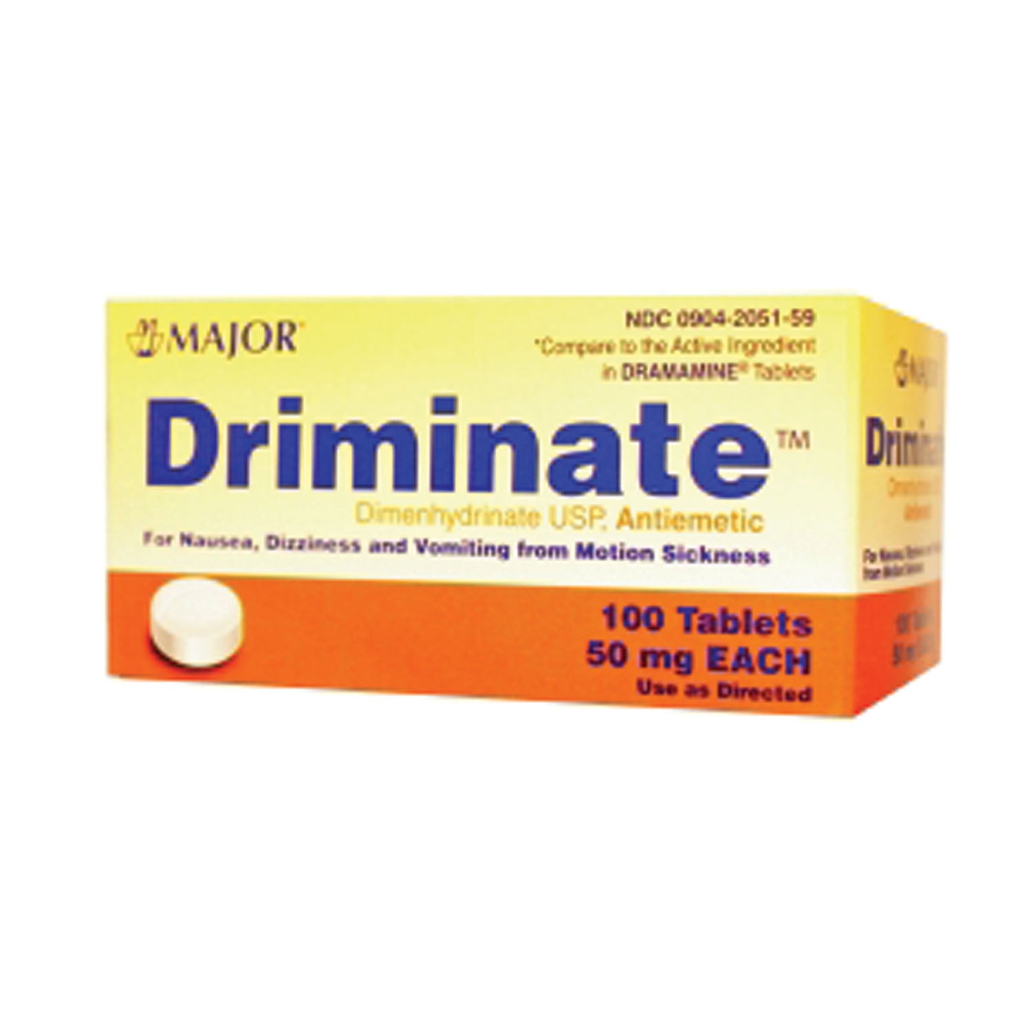 700621 - Major Pharmaceuticals - Driminate, 50mg, 100s, Tablets, Compare to Dramamine®, NDC# 00904-2051-59 (US Only)  (Products cannot be sold to retail stores or online retailers such as Amazon, Walmart, eBay, Alibaba, etc.)    , ea
