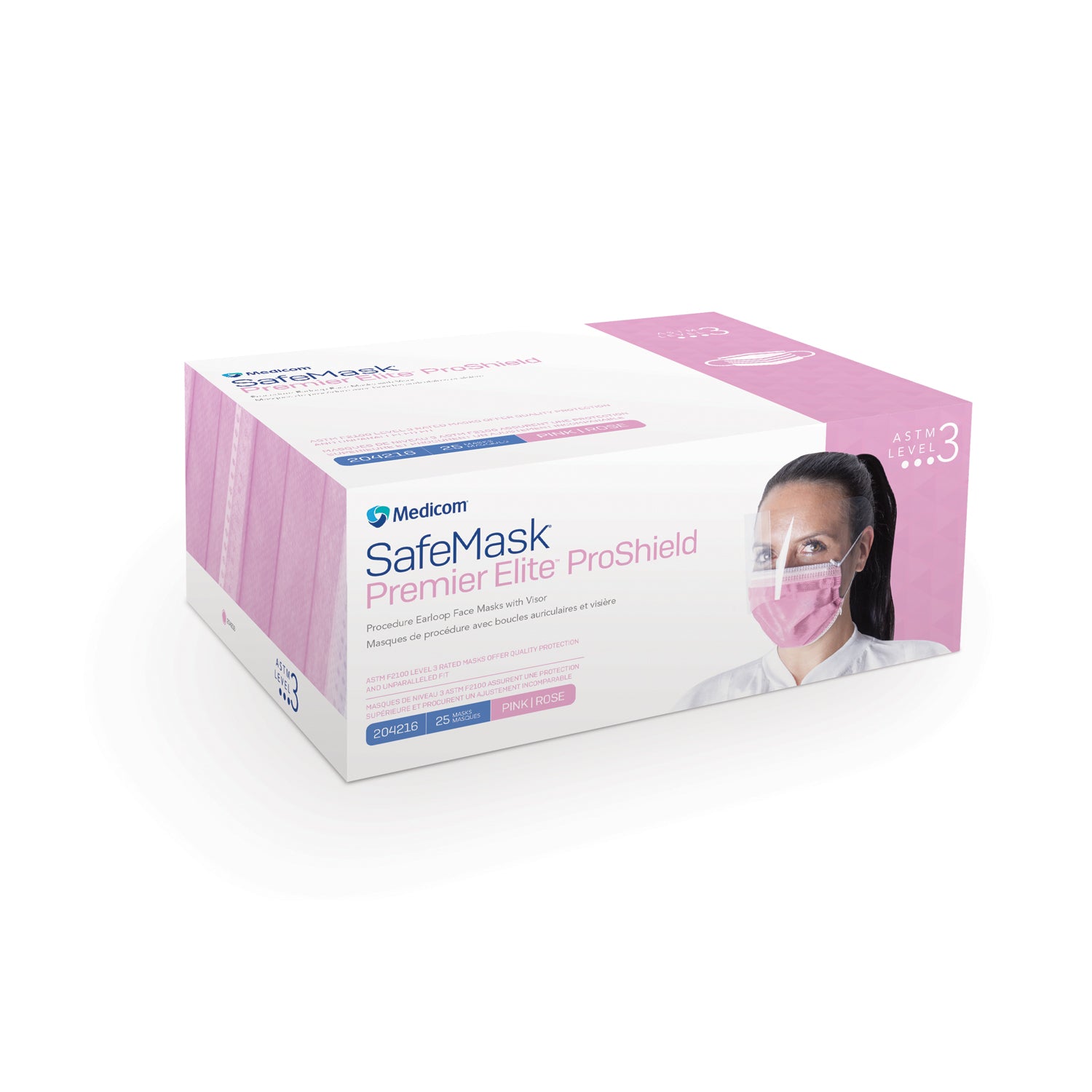 204216 - Medicom, Inc. - Premier Elite™ ProShield Earloop Mask with Visor, ASTM Level 3, Pink, 25/bx, 4 bx/cs (Not Available for sale into Canada) (Short-Dated; Non-Returnable)    , cs