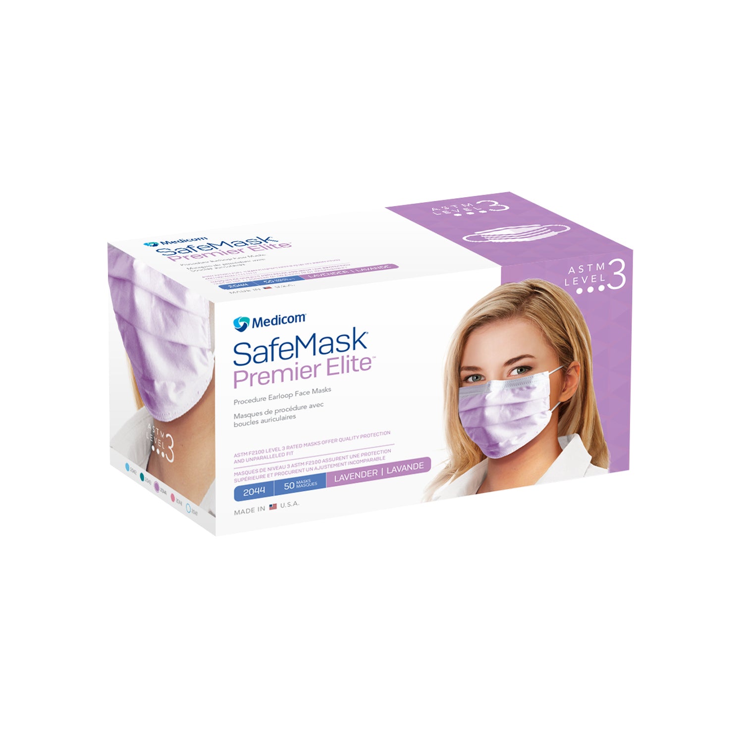 2044 - Medicom, Inc. - Mascarilla con lazo para las orejas, ASTM Nivel 3, Lavanda, 50/caja, 10 cajas/caja (No disponible para la venta en Canadá), caja