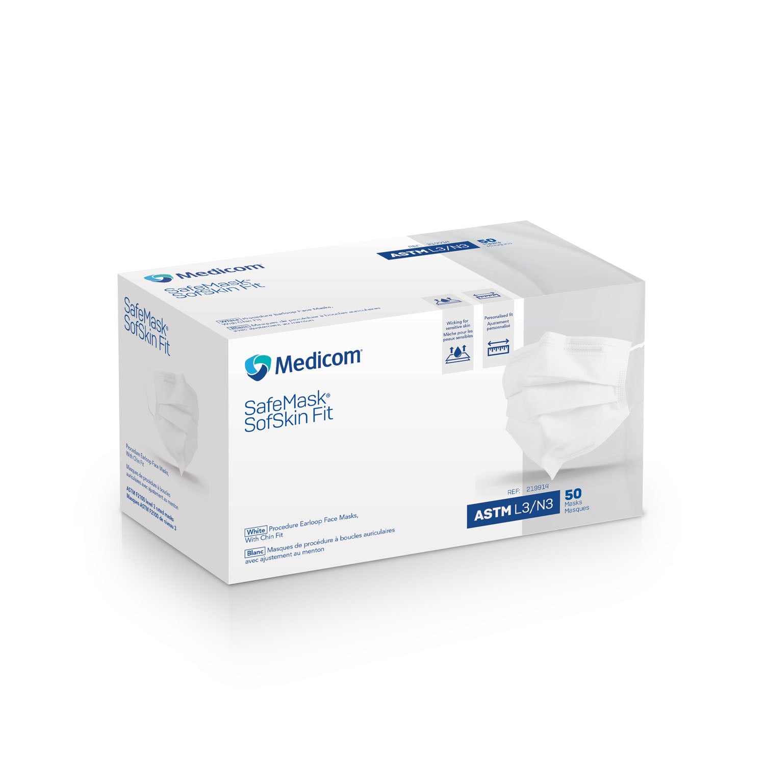 219914 - Medicom, Inc. - Earloop Mask, Sofskin Fit, Adjustable Chin & Nose Piece, ASTM Level 3, White, 50/bx, 10 bx/cs (Not Available for sale into Canada)    , cs