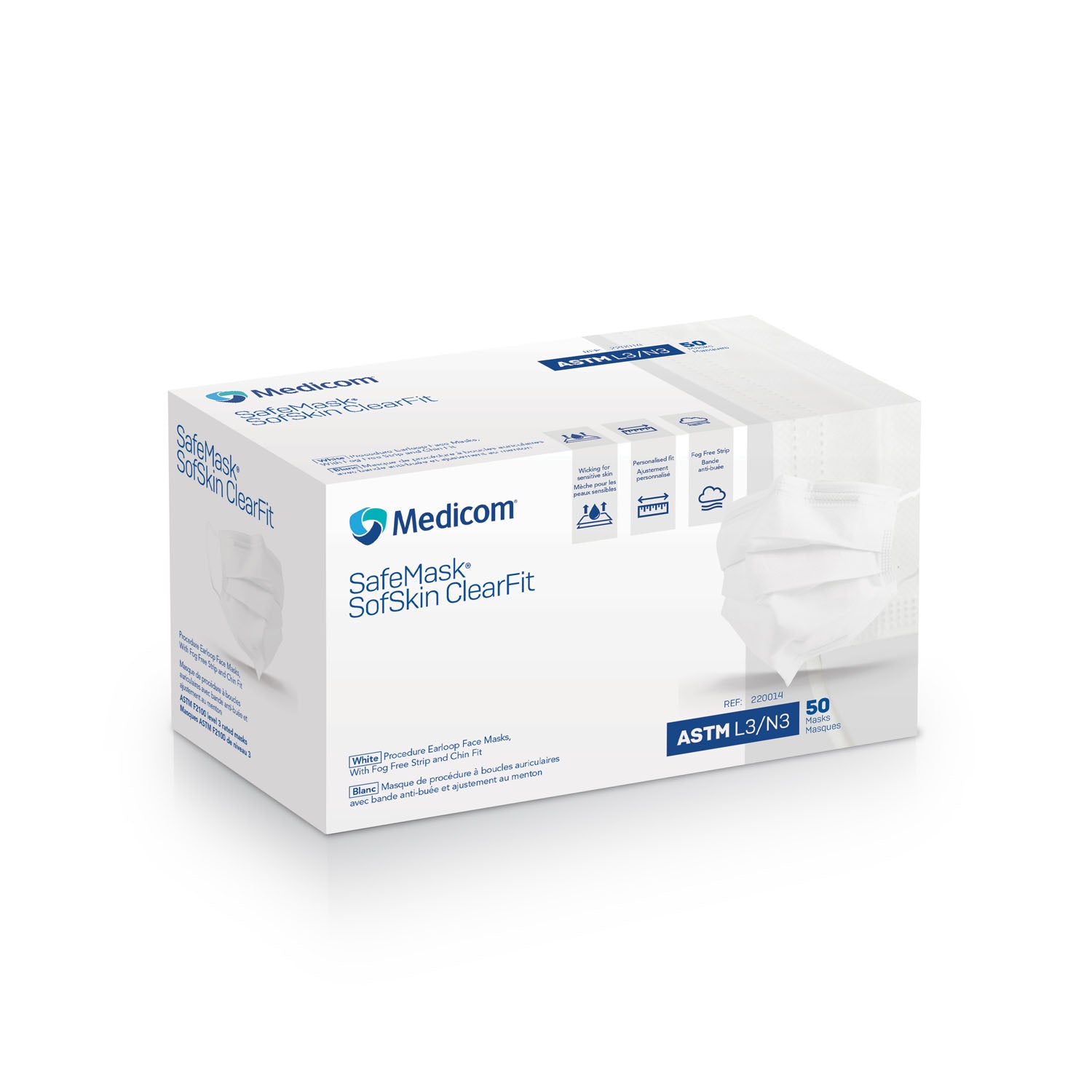 220014 - Medicom, Inc. - Earloop Mask, Sofskin ClearFit, Fog-Free Strip + Adjustable Chin & Nose Piece, ASTM Level 3, White, 50/bx, 10 bx/cs (Not Available for sale into Canada)    , cs