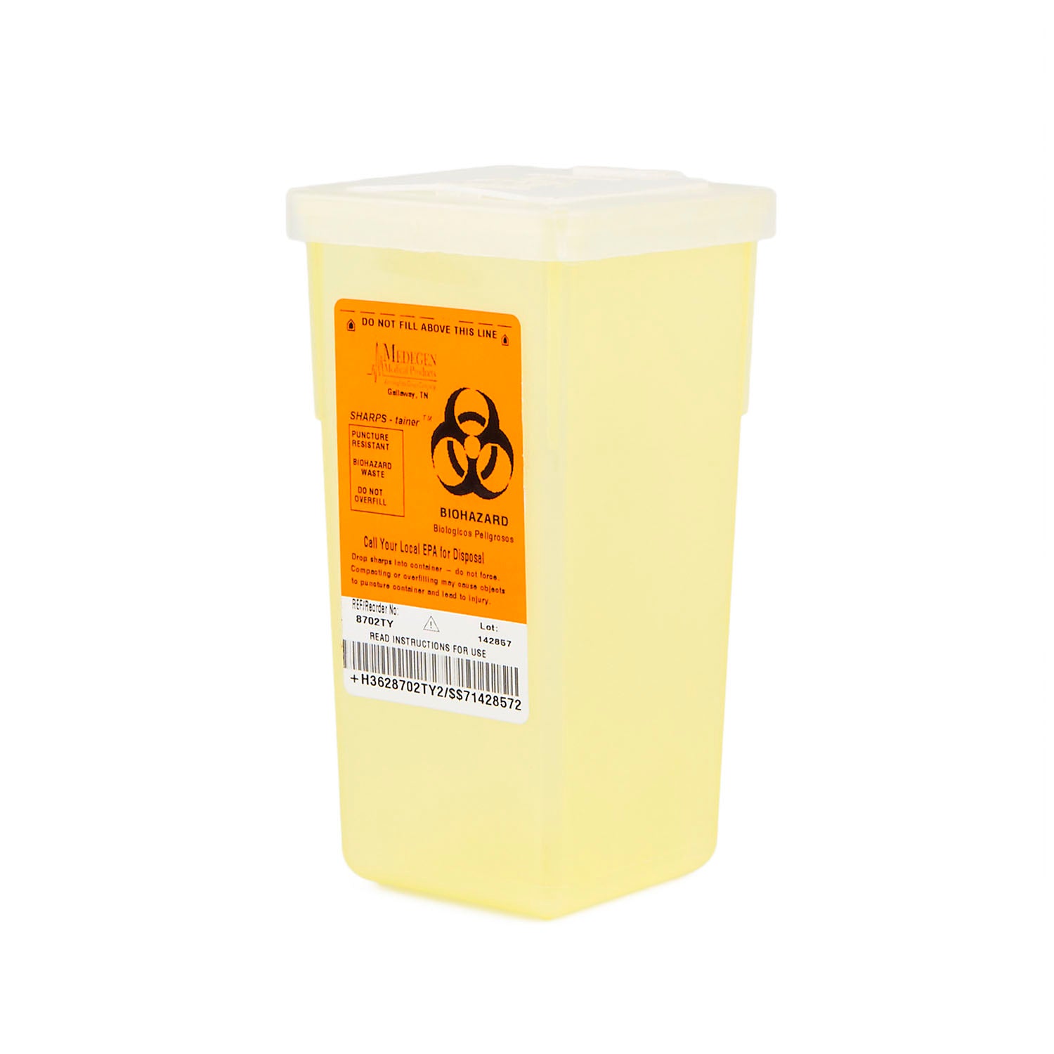 8702TY - Medegen Medical Products, LLC - Stackable Sharps Container, Polypropylene, 3½" x 7" x 3½", Biohazard Symbol, Translucent Yellow/ Black, 1 Qt, 72/cs    , cs