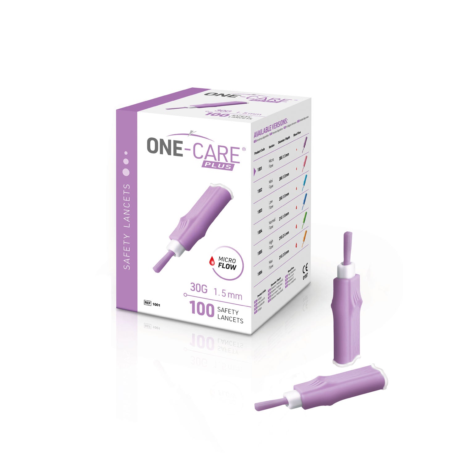 1001 - MediVena - Lanceta de seguridad, 30 G x 1,5 mm, microflujo, activada por contacto, morada, 100/caja