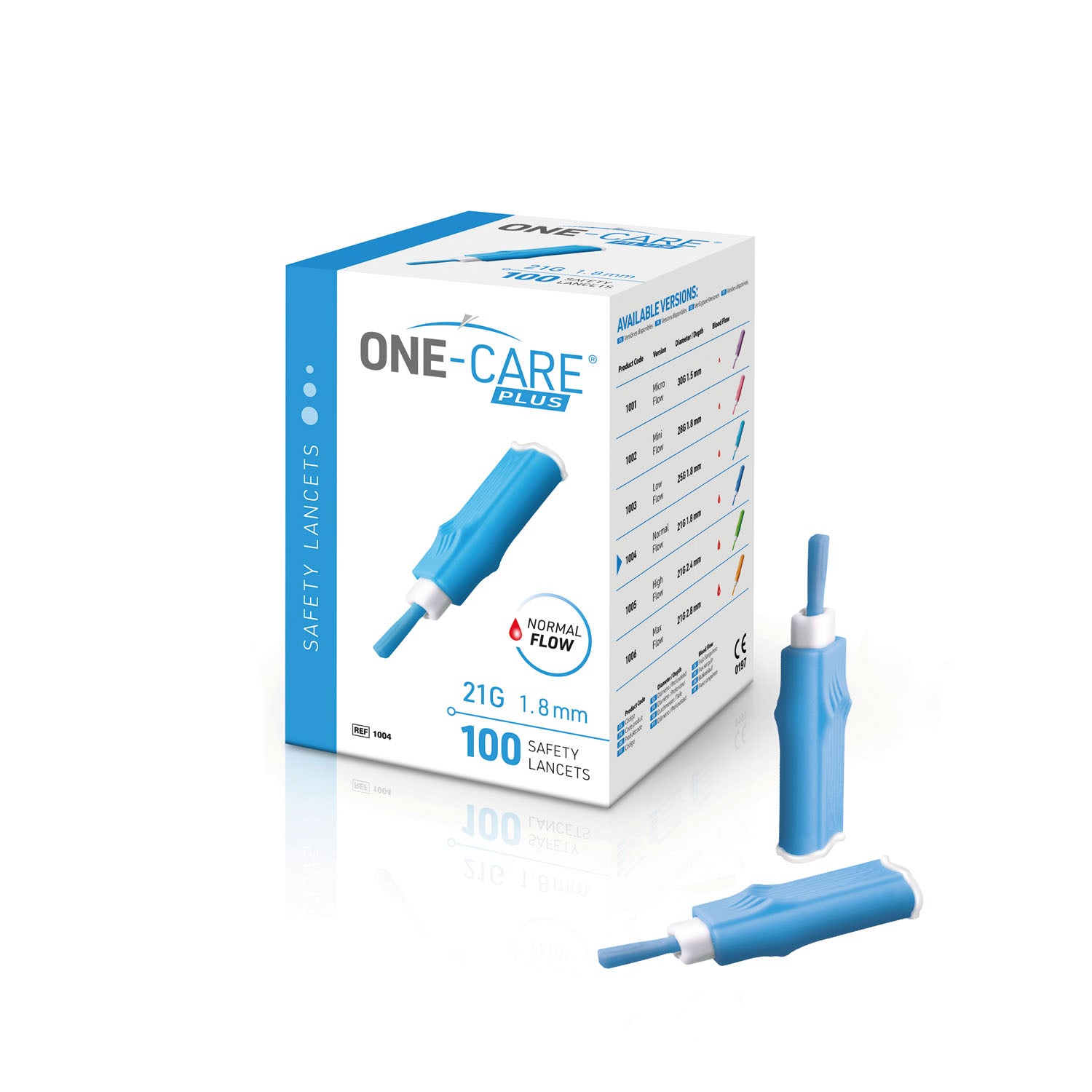 1004 - MediVena - Lanceta de seguridad, 21 G x 1,8 mm, flujo normal, activada por contacto, azul, 100/caja