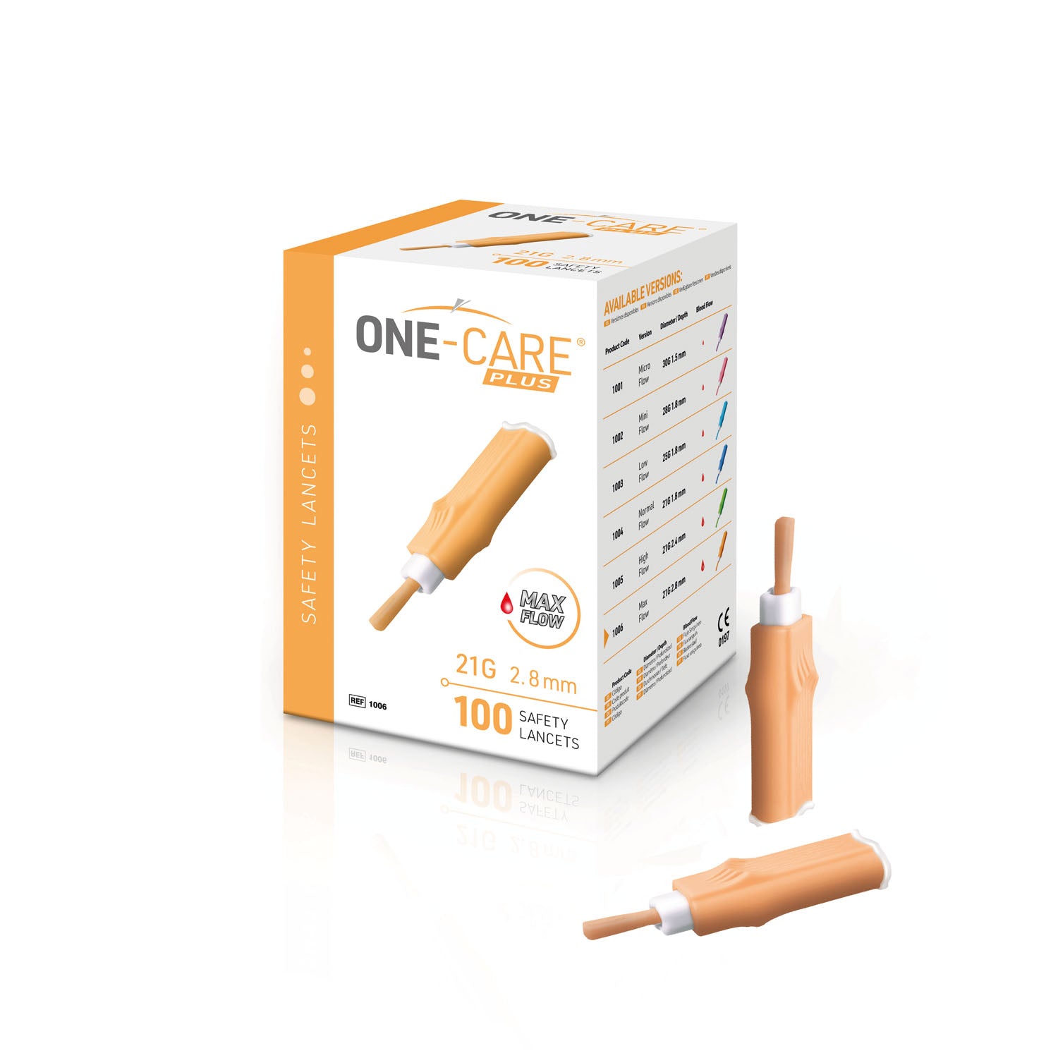 1006 - MediVena - Lanceta de seguridad, 21 G x 2,8 mm, flujo máximo, activada por contacto, naranja, caja de 100