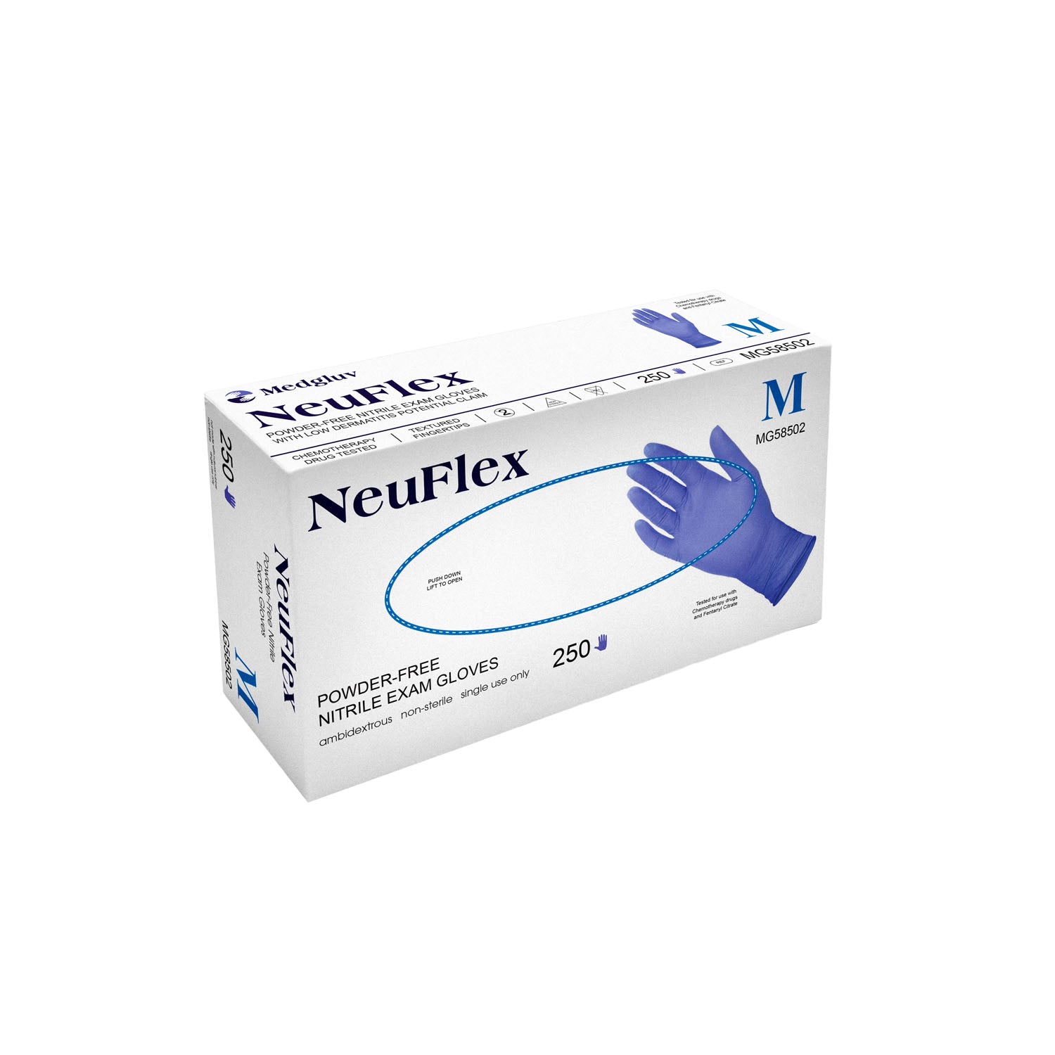 MG58504 - Medgluv, Inc. - 檢查手套，丁腈橡膠，Neuflex，特大號，無粉，無乳膠，3.7毫升，低致敏性指套紋理，矢車菊藍，230只/盒，10盒/箱（僅限美國），箱裝