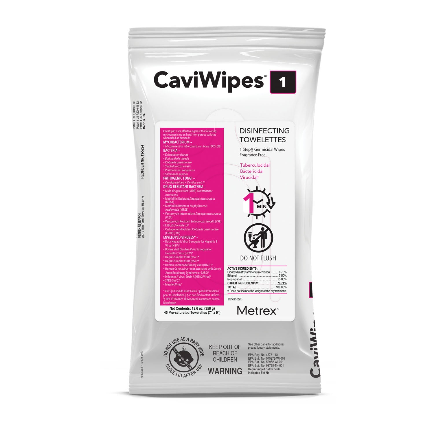 13-5224 - Metrex Research Corporation - CaviWipes1™, Flatpacks, 7" x 9", 45 wipes/pk, 20 pk/cs (70 cs/plt) (091261) (US Only)    , cs