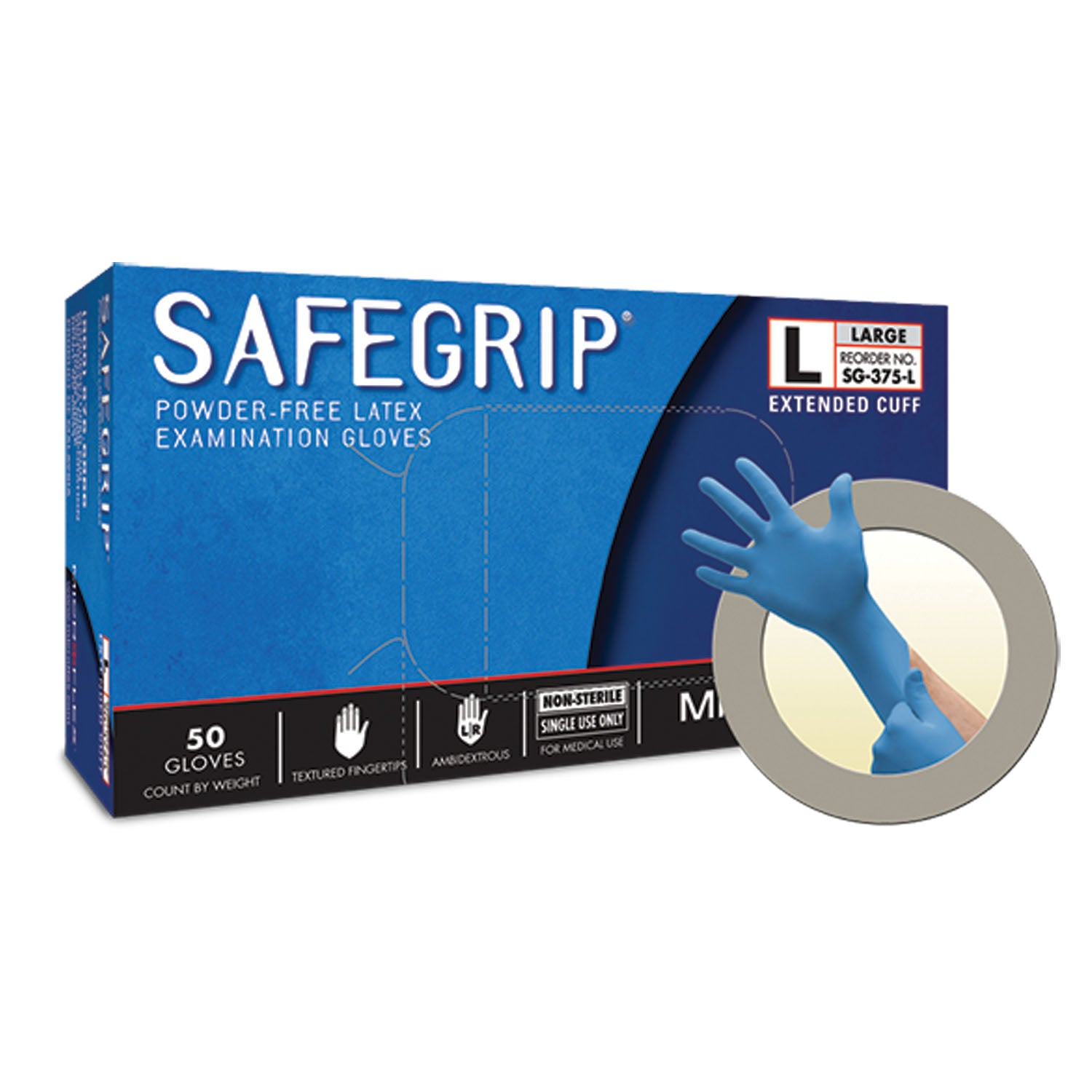 SG-375-XL - Ansell - Exam Gloves, PF Latex, Textured, Extended Cuff, Blue, X-Large, 50/bx; 10 bx/cs (US Only)    , cs
