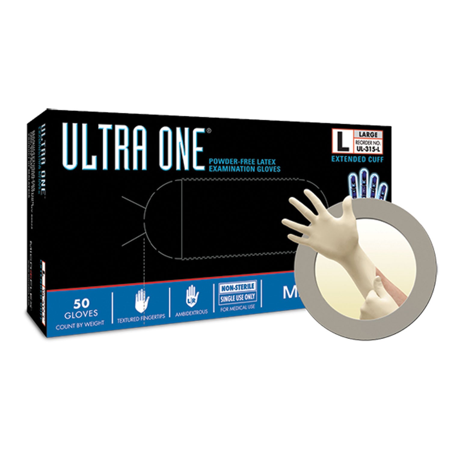 UL-315-S - Ansell - Exam Gloves, PF Latex, Extended Cuff, Textured Fingers, Small, 50/bx, 10 bx/cs (US Only)    , cs
