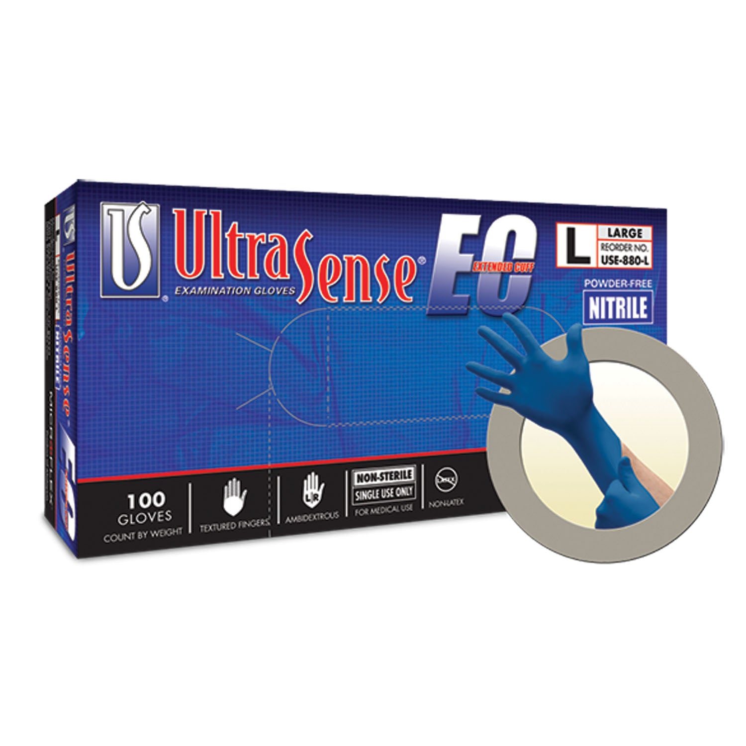 USE-880-XS - Ansell - Exam Gloves, PF Nitrile, Extended Cuff, Textured Fingers, Blue, X-Small, 100/bx, 10 bx/cs (US Only)    , cs