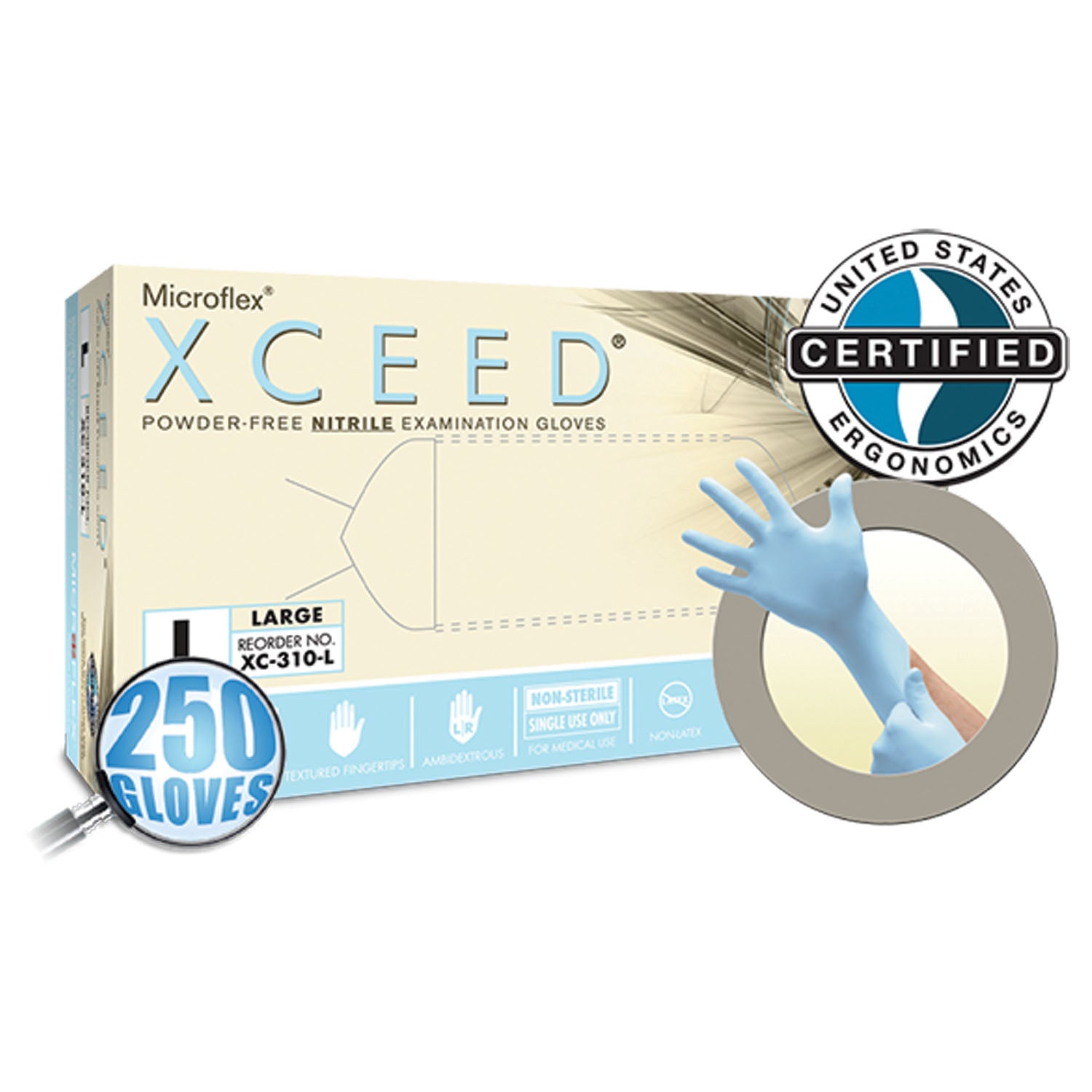 XC-310-XS - Ansell - Exam Gloves, PF Nitrile, Textured Fingertips, Blue, X-Small, 250/bx, 10 bx/cs (60 cs/plt) (US Only)    , cs