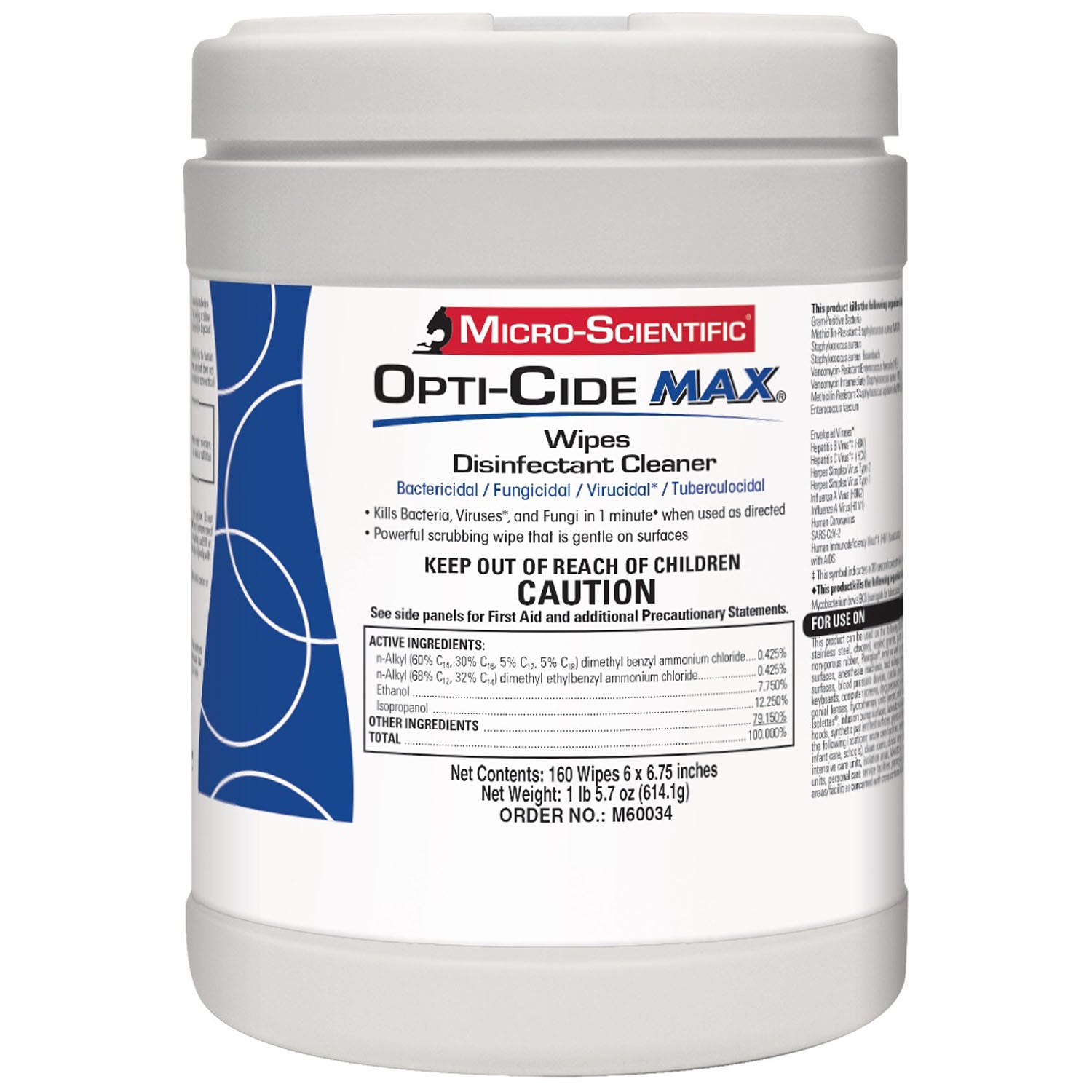 M60034 - 美國Micro-Scientific公司 - Opti-Cide® Max消毒清潔濕巾，6英寸 x 6.75英寸，160片/包，12包/箱（僅限美國）（加州暫時停售，直至另行通知），箱裝
