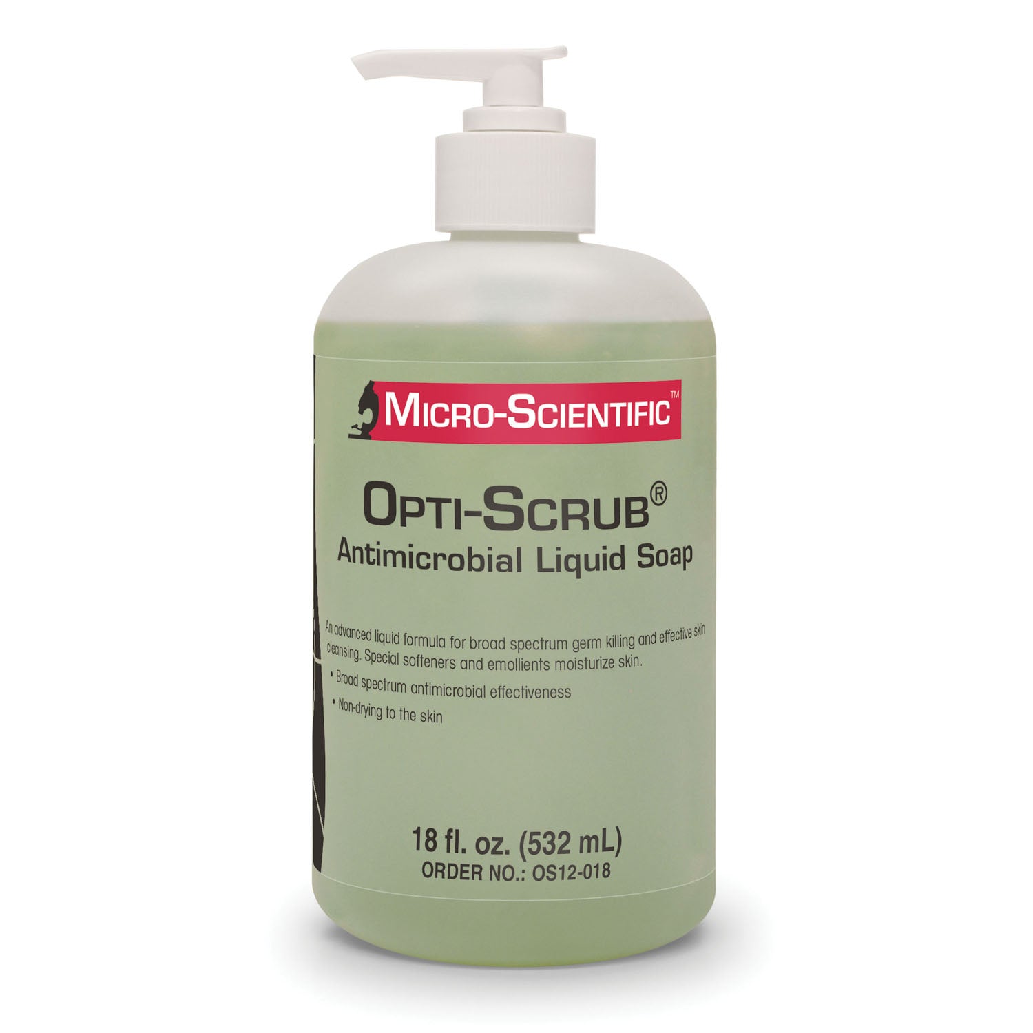 OS12-018 - 美國Micro-Scientific公司 - Opti-Scrub®液體抗菌皮膚清潔劑，泵頭，18盎司，12瓶/箱（僅限美國），cs