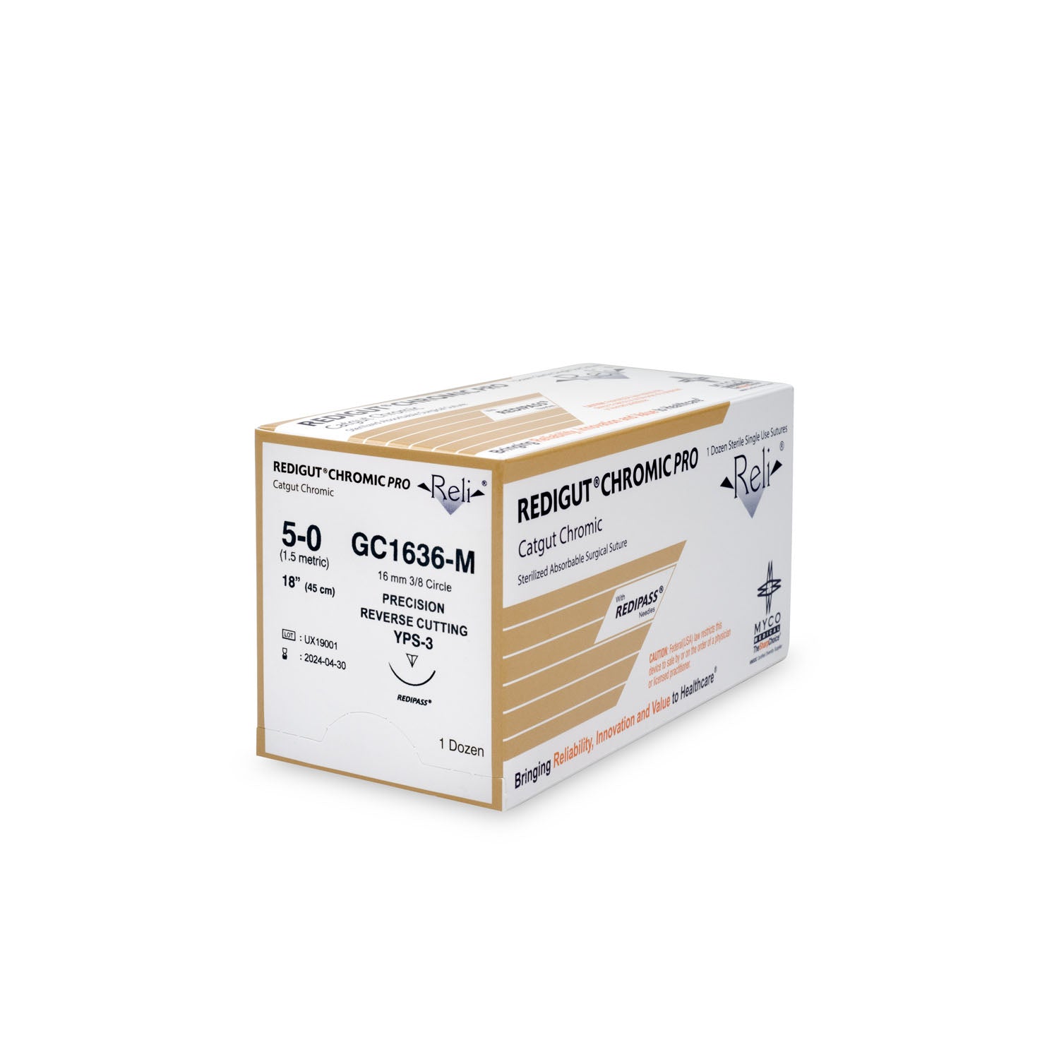 GC1636-M - Myco Medical - 縫線，5-0，Redigut，鉻製，天然色，18英寸，YPS-3，12根/盒（僅限美國），盒