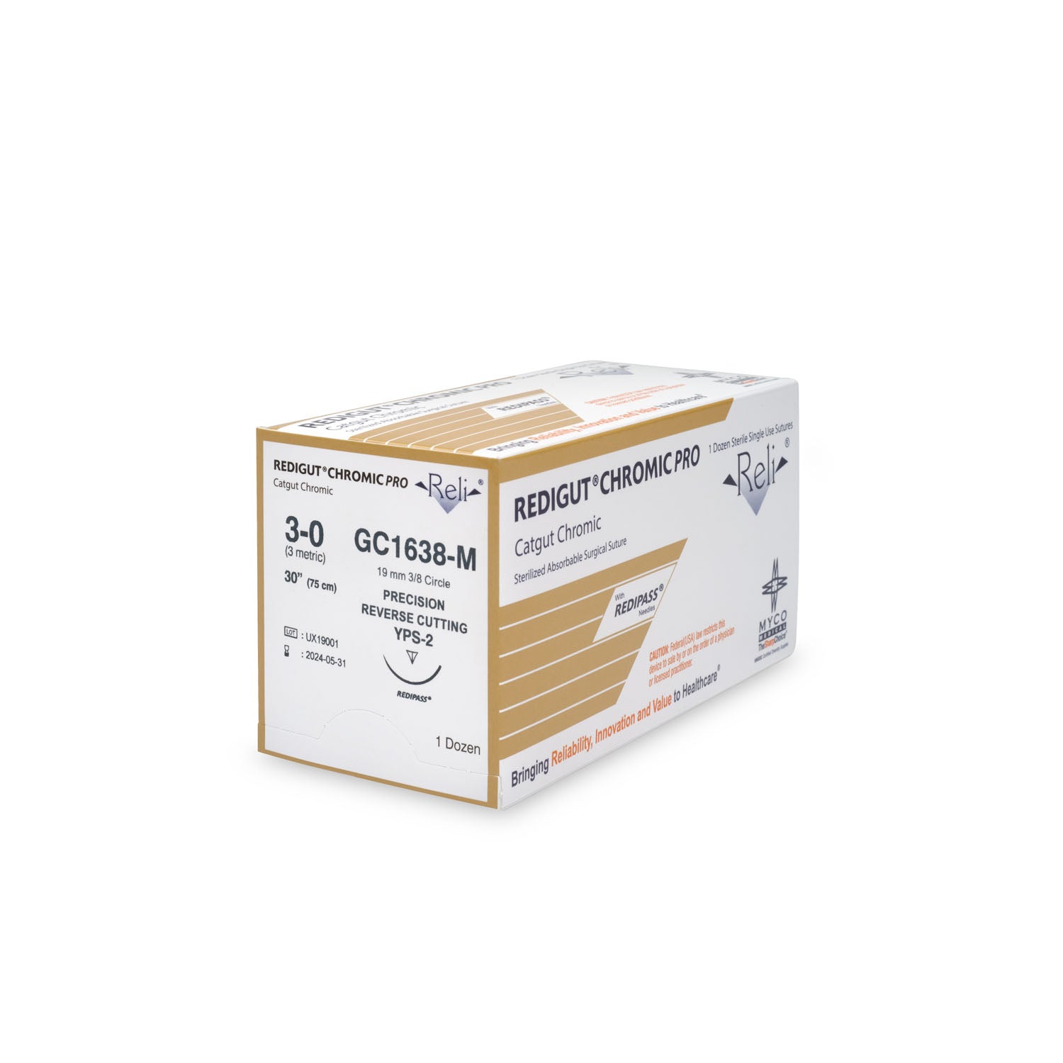 GC1638-M - Myco Medical - 縫線，3-0，Redigut，鉻製，天然色，30英寸，YPS-2，12根/盒（僅限美國），盒