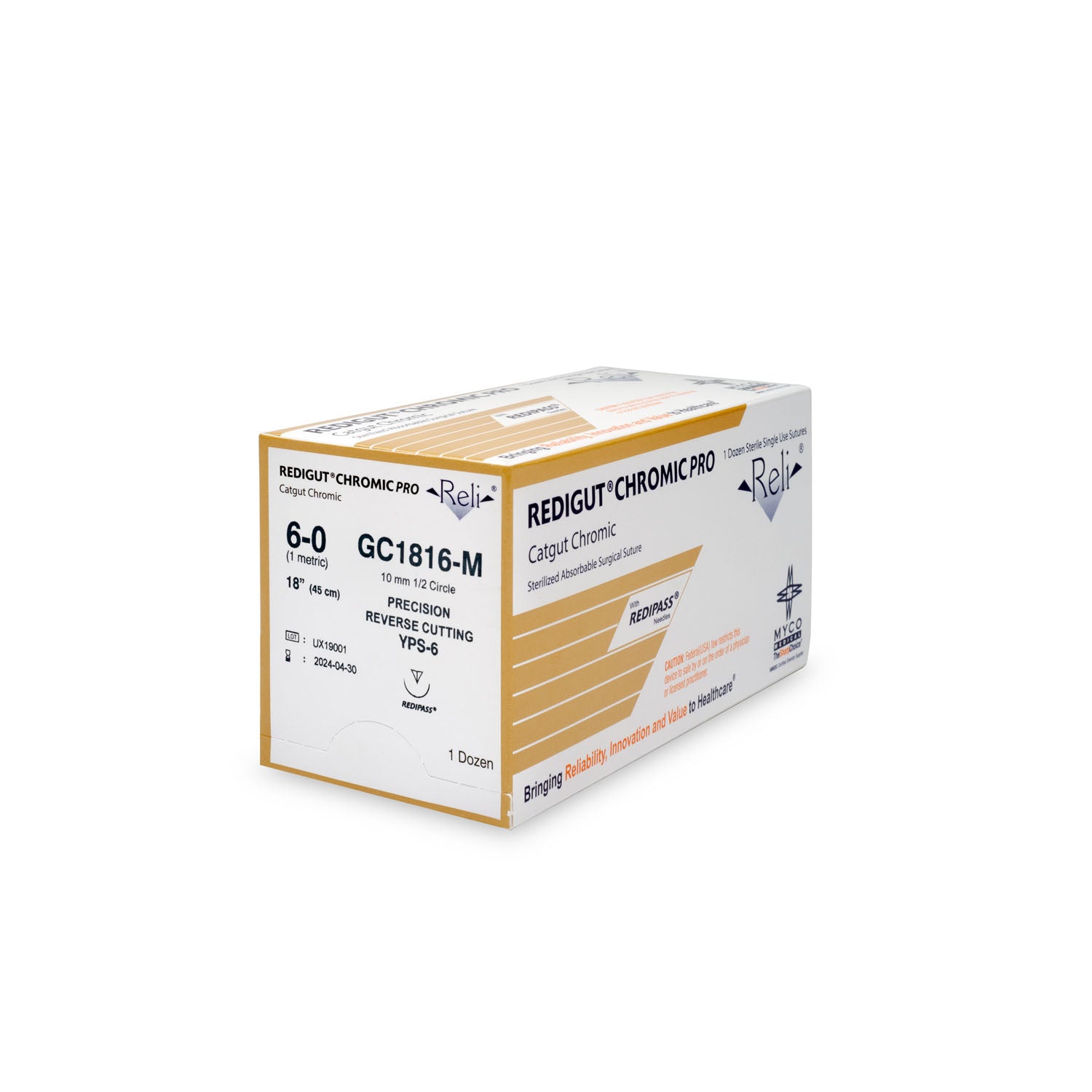 GC1816-M - Myco Medical - 縫線，6-0，Redigut，鉻製，天然色，18英寸，YPS-6，12根/盒（僅限美國），盒