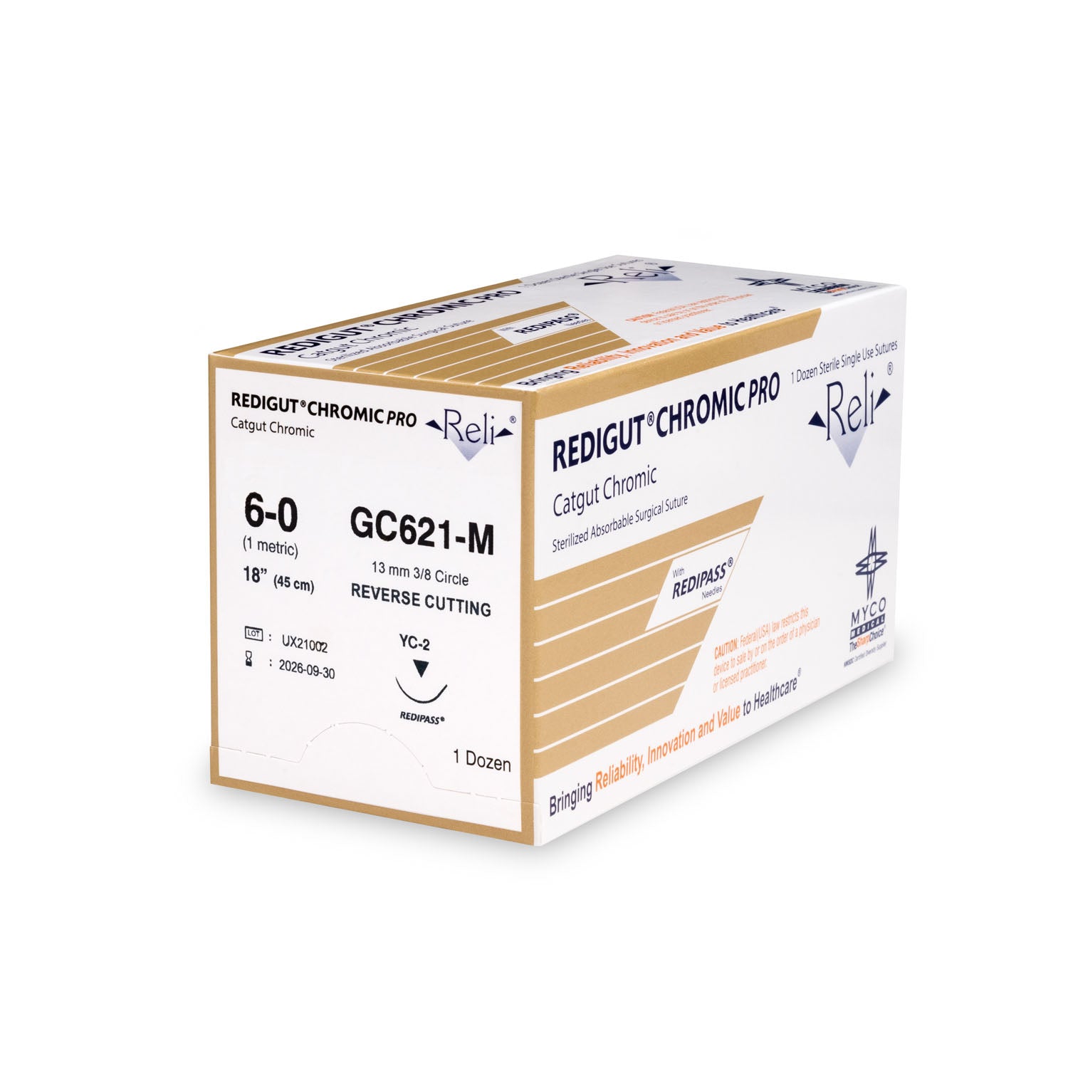 GC621-M - Myco Medical - 縫線，6-0，Redigut，鉻製，天然色，18英寸，YC-2，12根/盒（僅限美國），盒