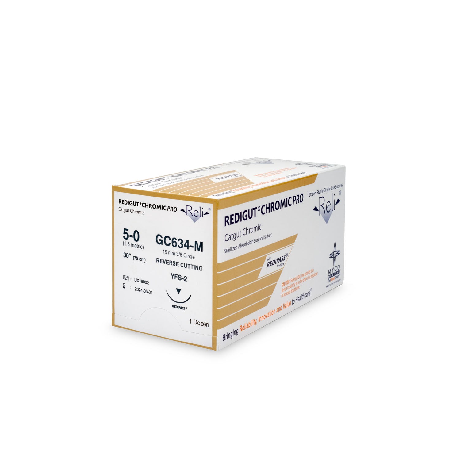 GC634-M - Myco Medical - 縫線，5-0，Redigut，鉻製，天然色，30”，YFS-2，12/盒（僅限美國），盒