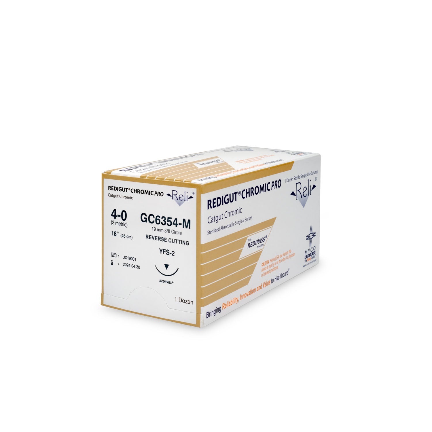 GC6354-M - Myco Medical - 縫線，4-0，Redigut，鉻製，天然色，18英寸，YFS-2，12根/盒（僅限美國），盒