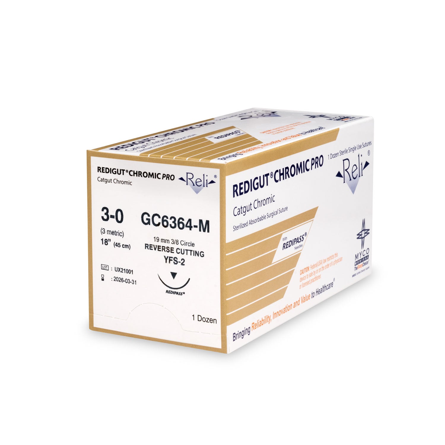 GC6364-M - Myco Medical - 縫線，3-0，Redigut，鉻製，天然色，18”，YFS-2，12/盒（僅限美國），盒