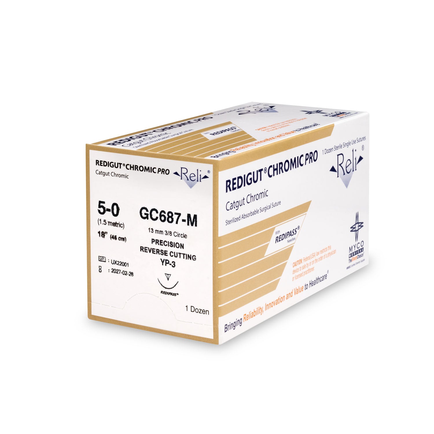 GC687-M - Myco Medical - 縫線，5-0，Redigut，鉻製，天然色，18英寸，YP-3，12根/盒（僅限美國），盒
