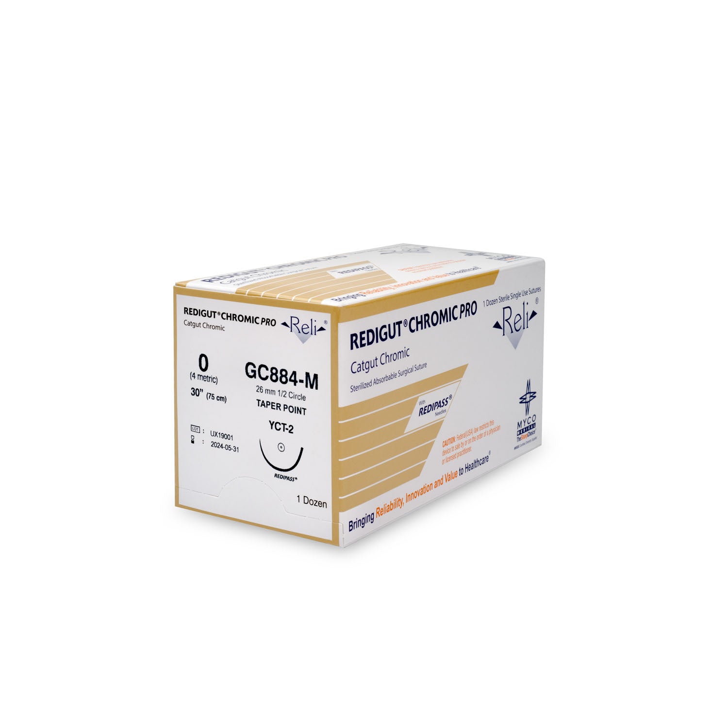 GC884-M - Myco Medical - 縫線，0號，Redigut，鉻製，天然色，30英寸，YCT-2，12條/盒（僅限美國），盒