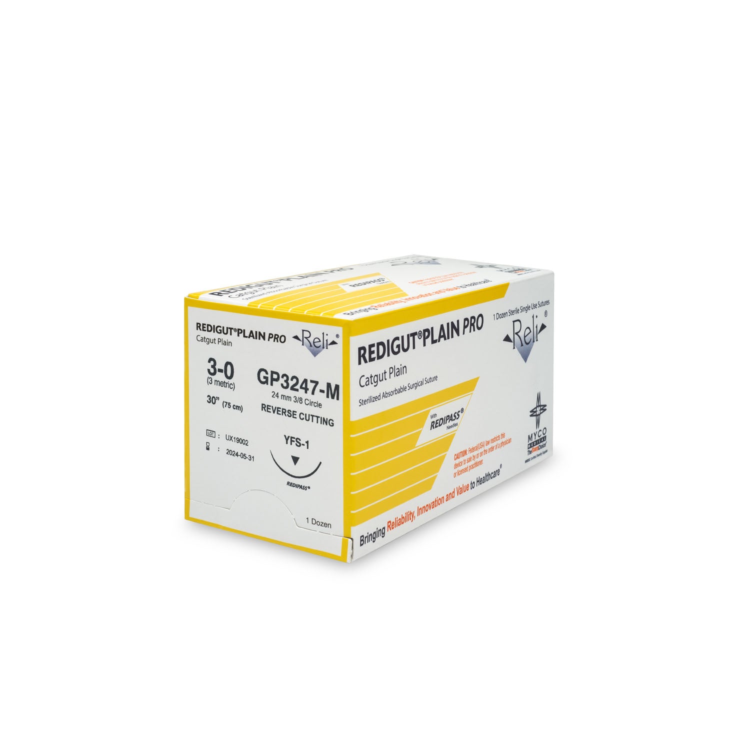 GP3247-M - Myco Medical - 縫線，3-0，Redigut，普通，天然色，30”，YFS-1，12/盒（僅限美國），盒