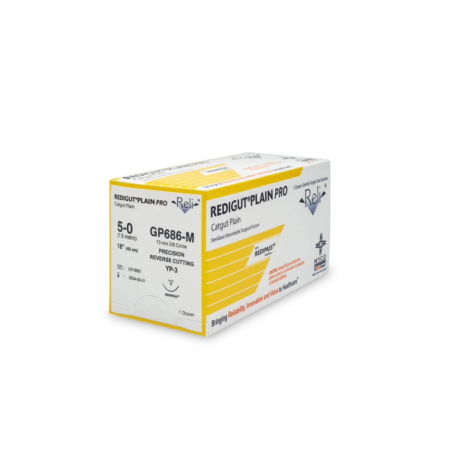 GP686-M - Myco Medical - 縫合線，5-0，迴腸型，普通型，天然色，18英寸，YP-3，12根/盒（僅限美國），盒