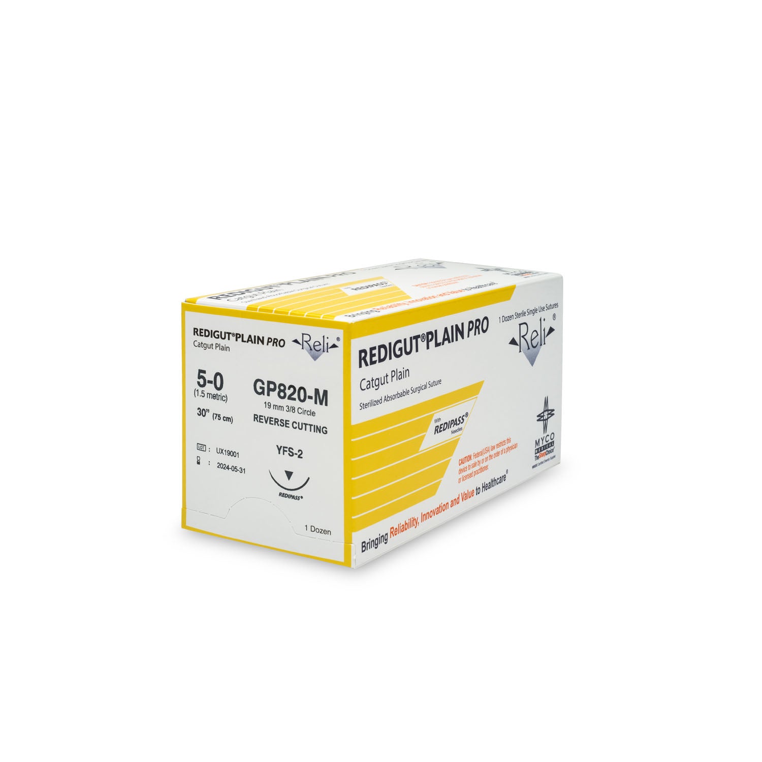 GP820-M - Myco Medical - 縫合線，5-0，迴腸型，普通型，天然色，30英寸，YFS-2，12條/盒（僅限美國），盒