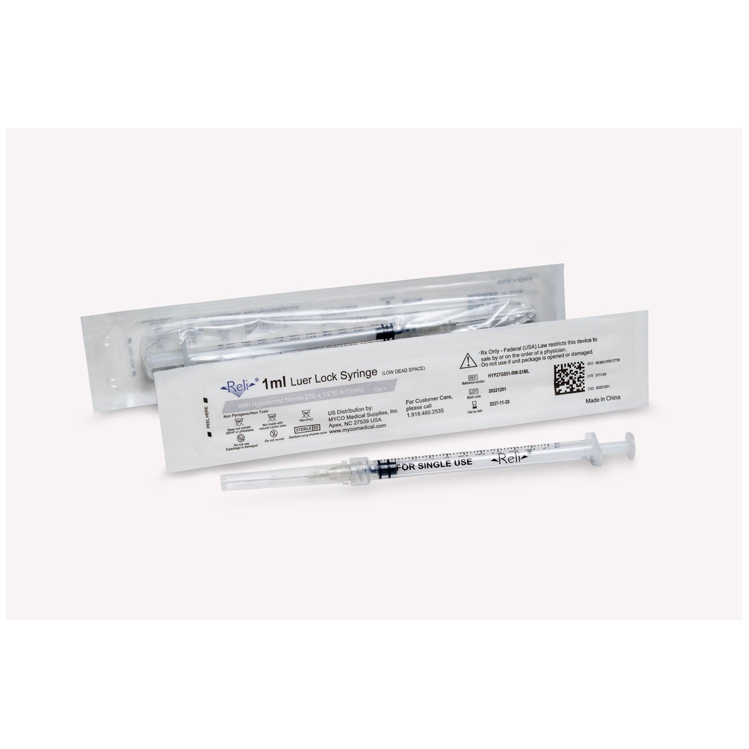 HYP27G051-RW-S1ML - Myco Medical - 帶可拆卸皮下注射針的注射器，1毫升，27G x 1/2英寸，低死腔，常規壁/斜面，100支/盒（僅限美國），盒
