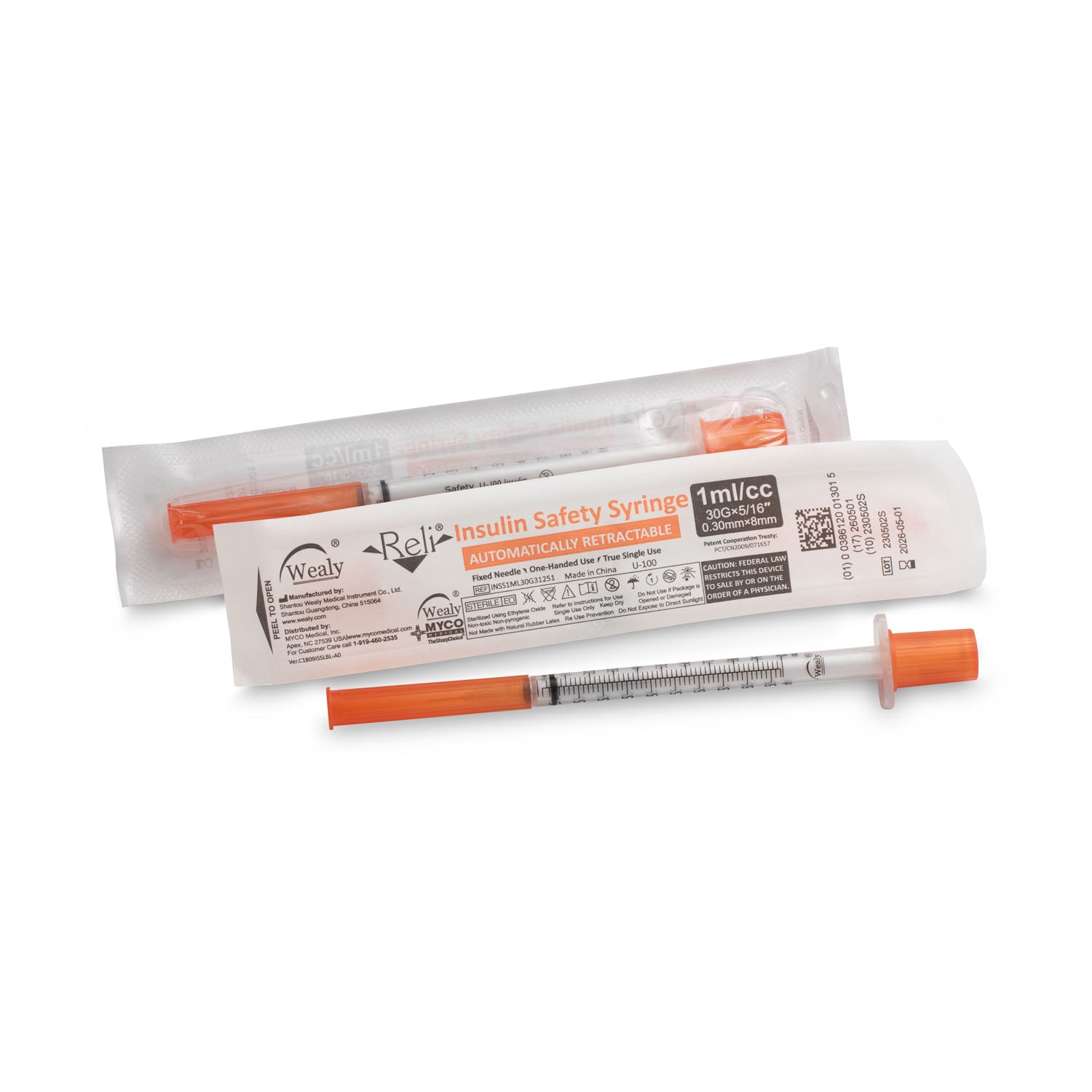 INSS1ML30G31251 - Myco Medical - 安全胰島素皮下注射針，帶1毫升注射器，30G x 5/16英寸，100支/盒（美國和加拿大有售），盒裝