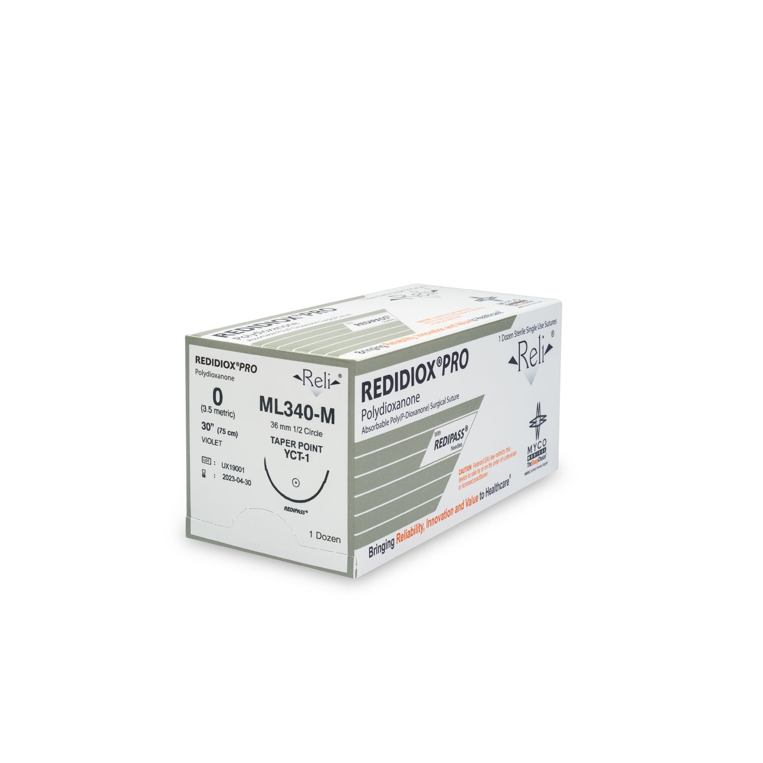 ML340-M - Myco Medical - 縫線，0號，Redidiox，紫色，單絲，30英寸，YCT-1，12根/盒（僅限美國），盒