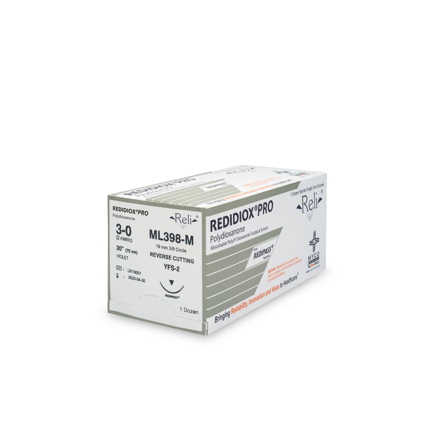 ML398-M - Myco Medical - 縫線，3-0，Redidiox，紫色，單絲，30”，YFS-2，12/盒（僅限美國），盒