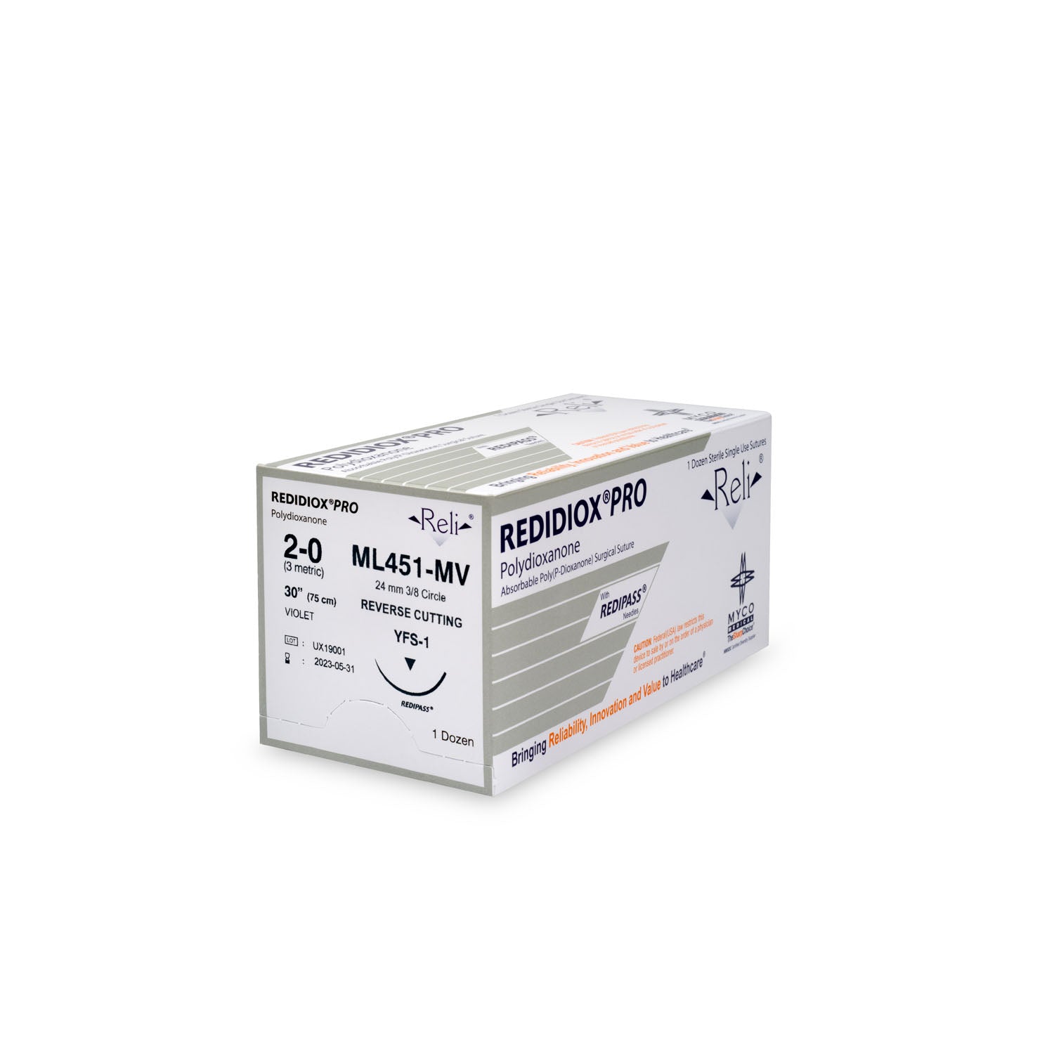 ML451-MV - Myco Medical - 縫線，2-0，Redidiox，紫色，單絲，30”，YFS-1，12/盒（僅限美國），盒