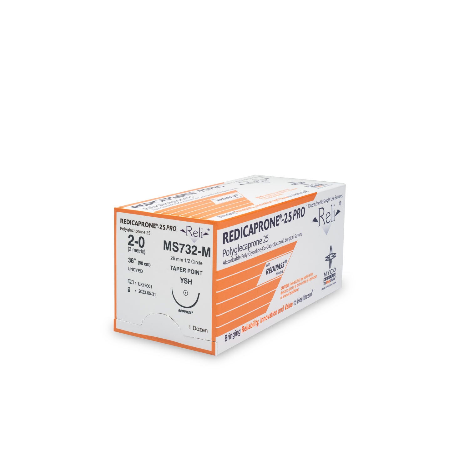 MS732-M - Myco Medical - 縫線，2-0，Redicaprone，未染色，單絲，36英寸，YSH，12/盒（僅限美國），盒