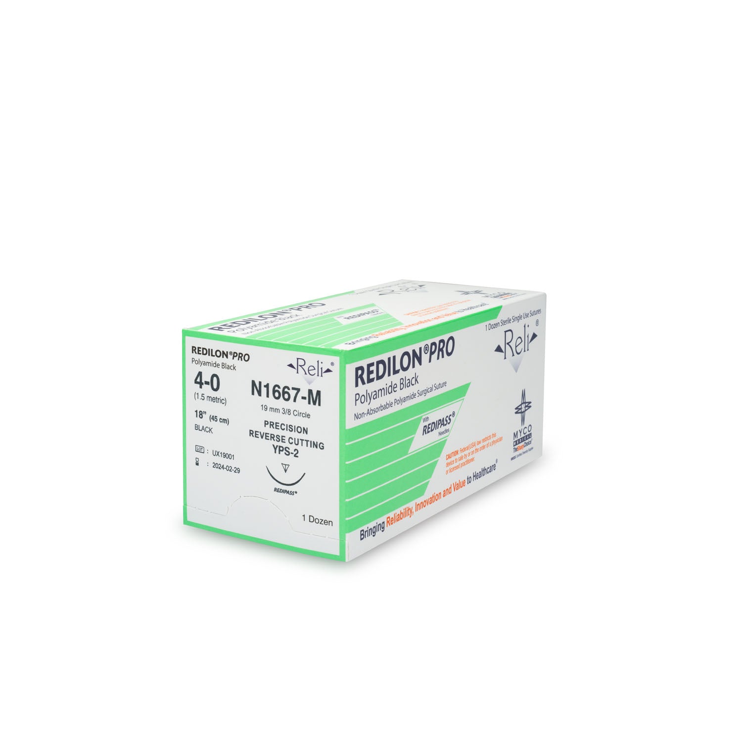 N1667-M - Myco Medical - 縫線，4-0，Redilon，黑色，單絲，18英寸，YPS-2，12條/盒（僅限美國），盒