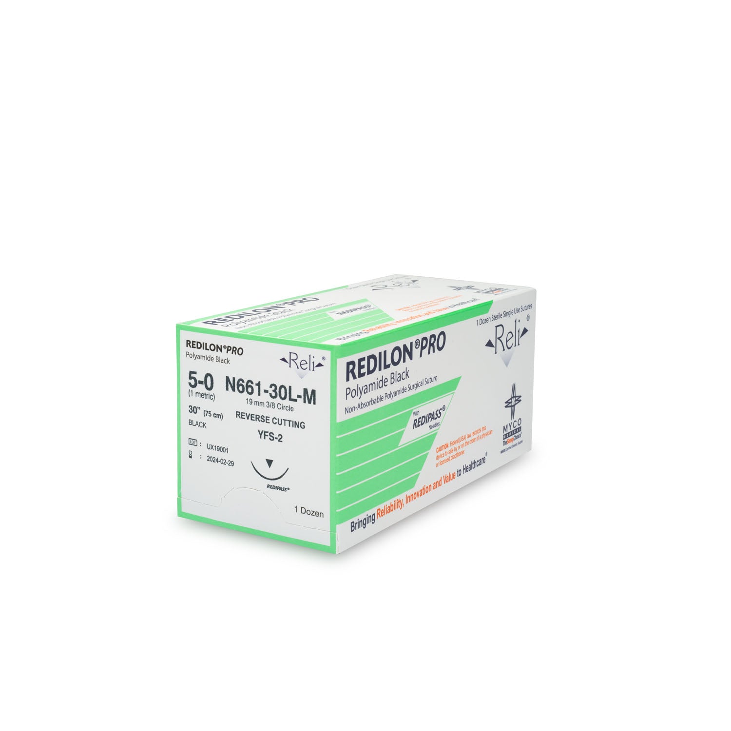 N661-30L-M - Myco Medical - 縫線，5-0，Redilon，黑色，單絲，30英寸，YFS-2，12條/盒（僅限美國），盒