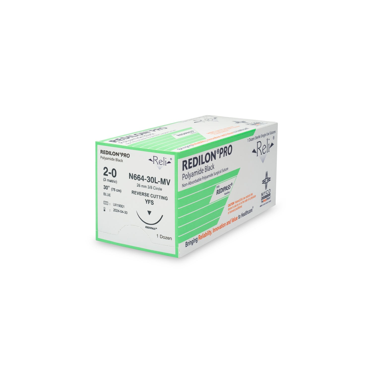 N664-30L-MV - Myco Medical - 縫線，2-0，Redilon，藍色，單絲，30英寸，YFS，12根/盒（僅限美國），盒